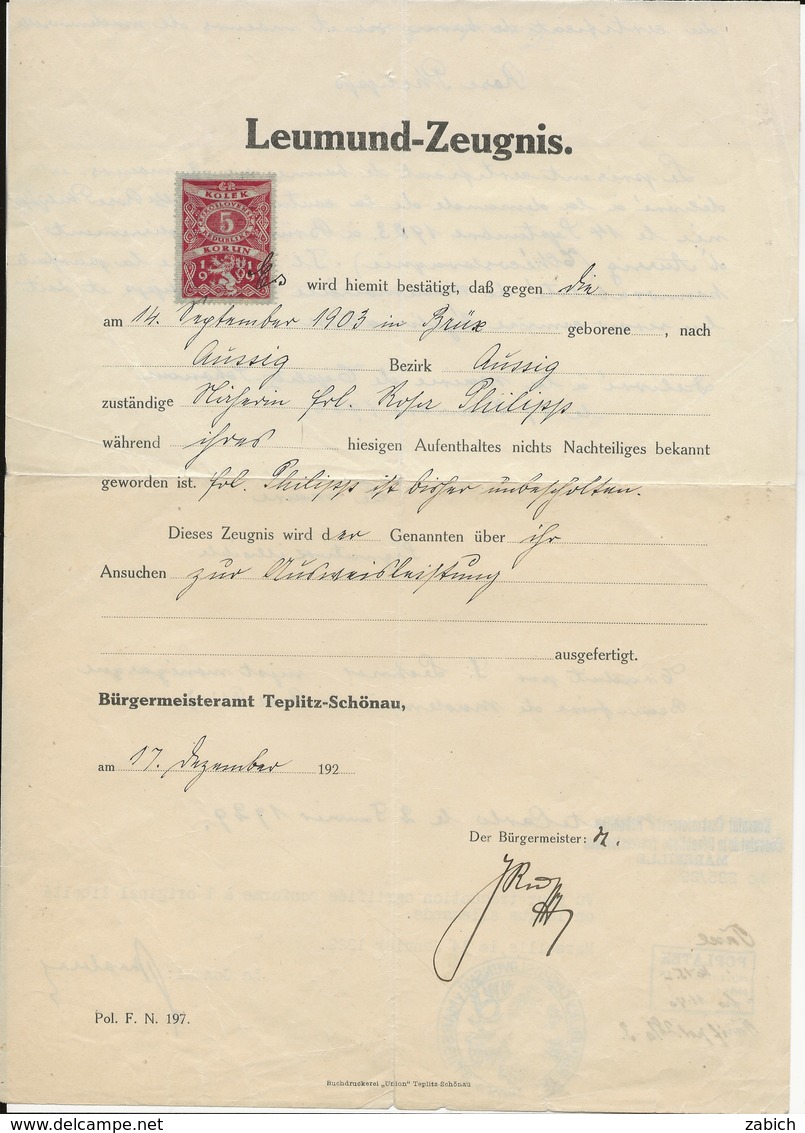 FISCAUX TCHECOSLOVAQUIE     TEPLITZ SCONAU 5 C ROUGE 1928 - Andere & Zonder Classificatie