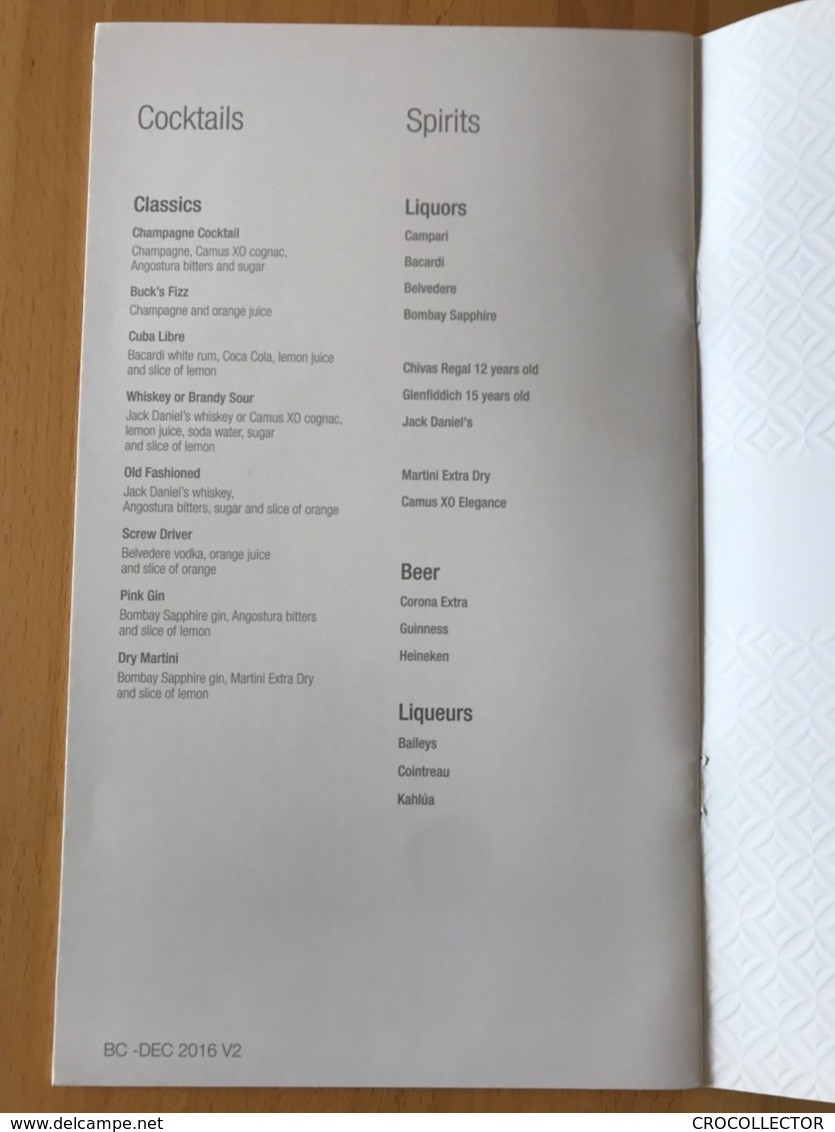 QATAR AIRWAYS BUSINESS CLASS WINE AND BEVERAGE MENU BC -DEC 2016 - Menu Cards