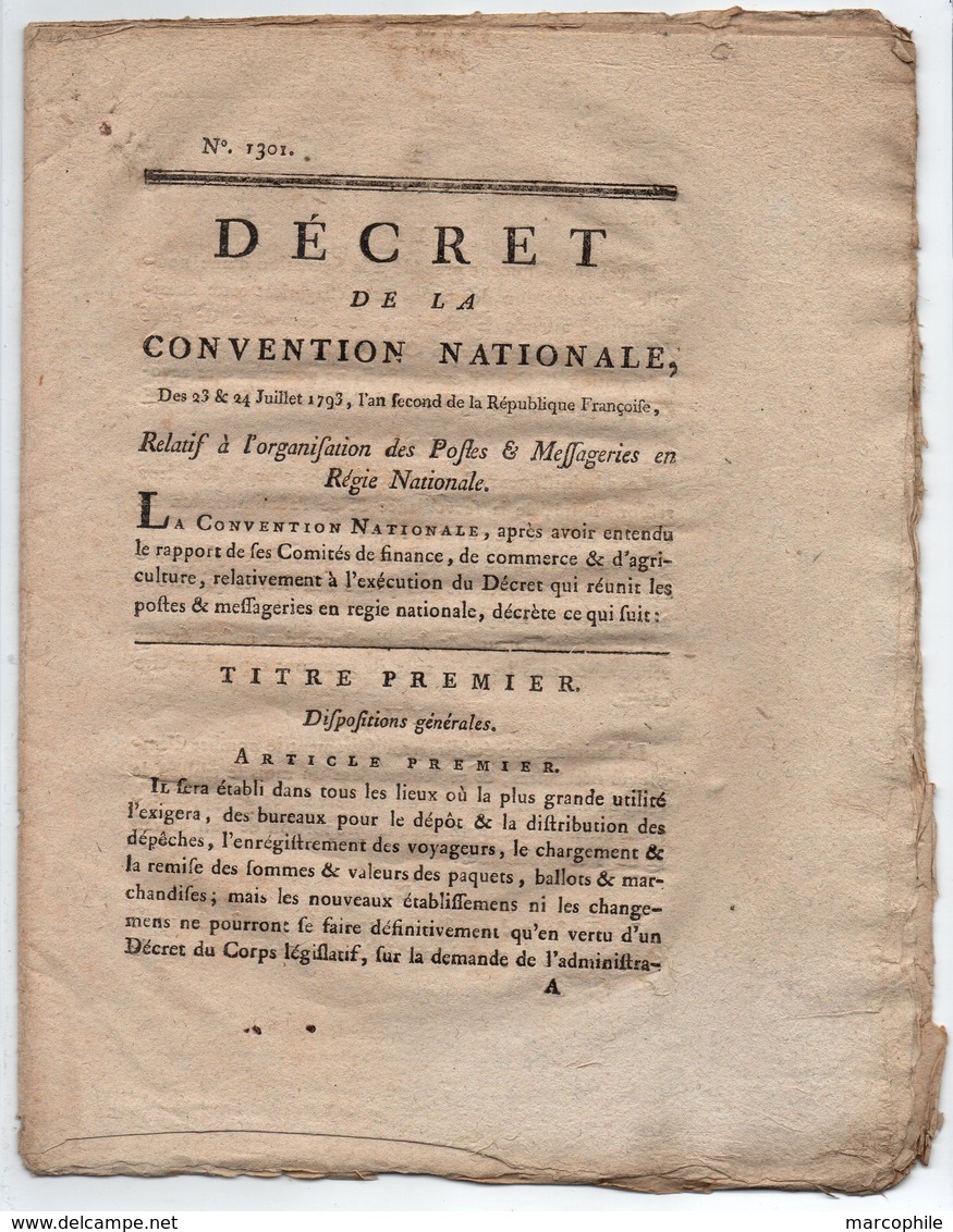 ORGANISATION DES POSTES EN FRANCE  / 19-8-1793 DECRET DE LA CONVENTION NATIONALE - 24 PAGES  (ref 3690) - Administrations Postales
