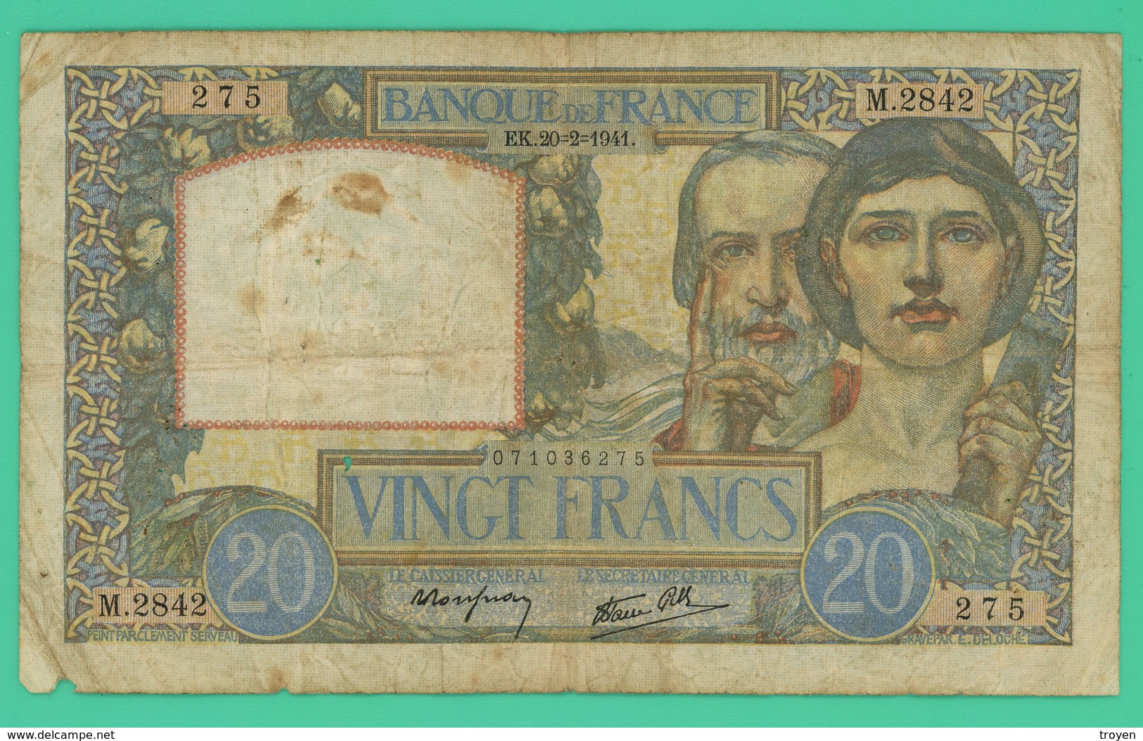 20 Francs - France -  Science Et Travail -  EK.20=2=1941.  N° M.2842/275 - TB - 20 F 1939-1942 ''Science Et Travail''