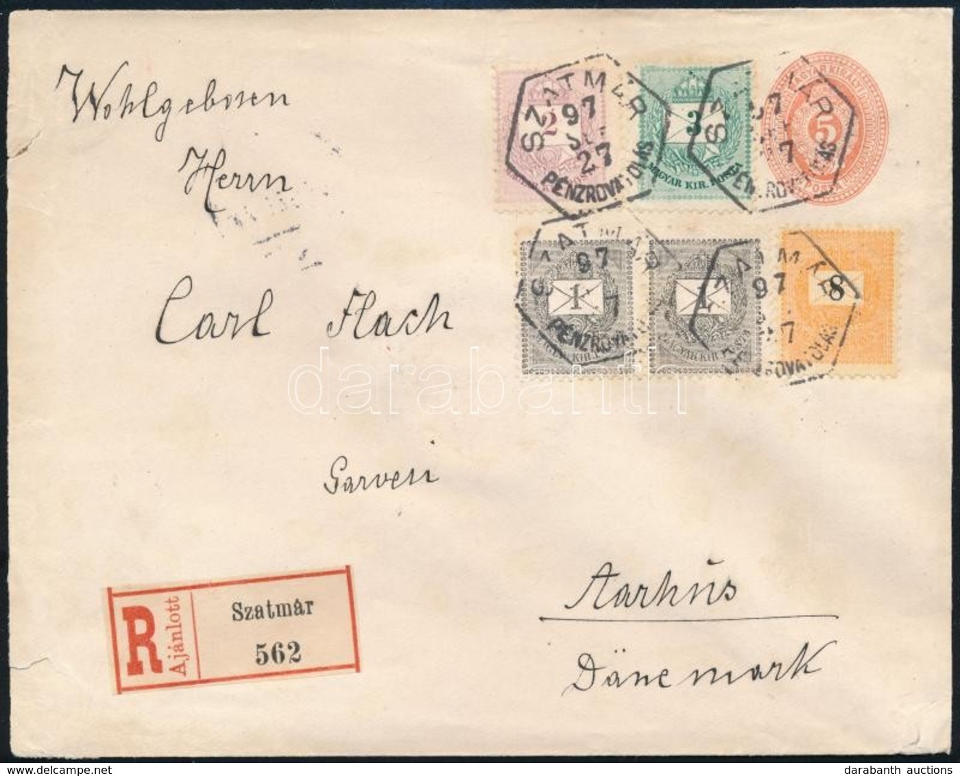 1897 Ajánlott 5kr Díjjegyes Boríték 2 X 1kr + 2kr + 3kr + 8kr Díjkiegészítéssel "SZATMÁR" - "AARHUS" (Dánia) Kiállítási  - Sonstige & Ohne Zuordnung