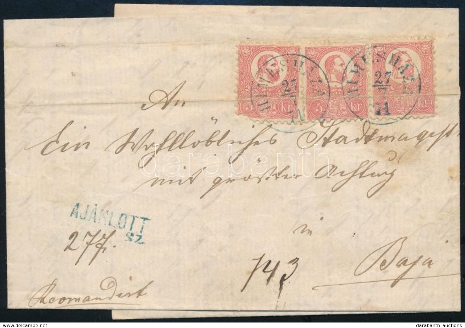 1871 3 X Kőnyomat 5kr (regiszterhajtás, Egy Bélyeg Sarokhibás) Ajánlott Levélen Kék "HIMESHÁZA" Bélyegzéssel (45.000 + G - Autres & Non Classés