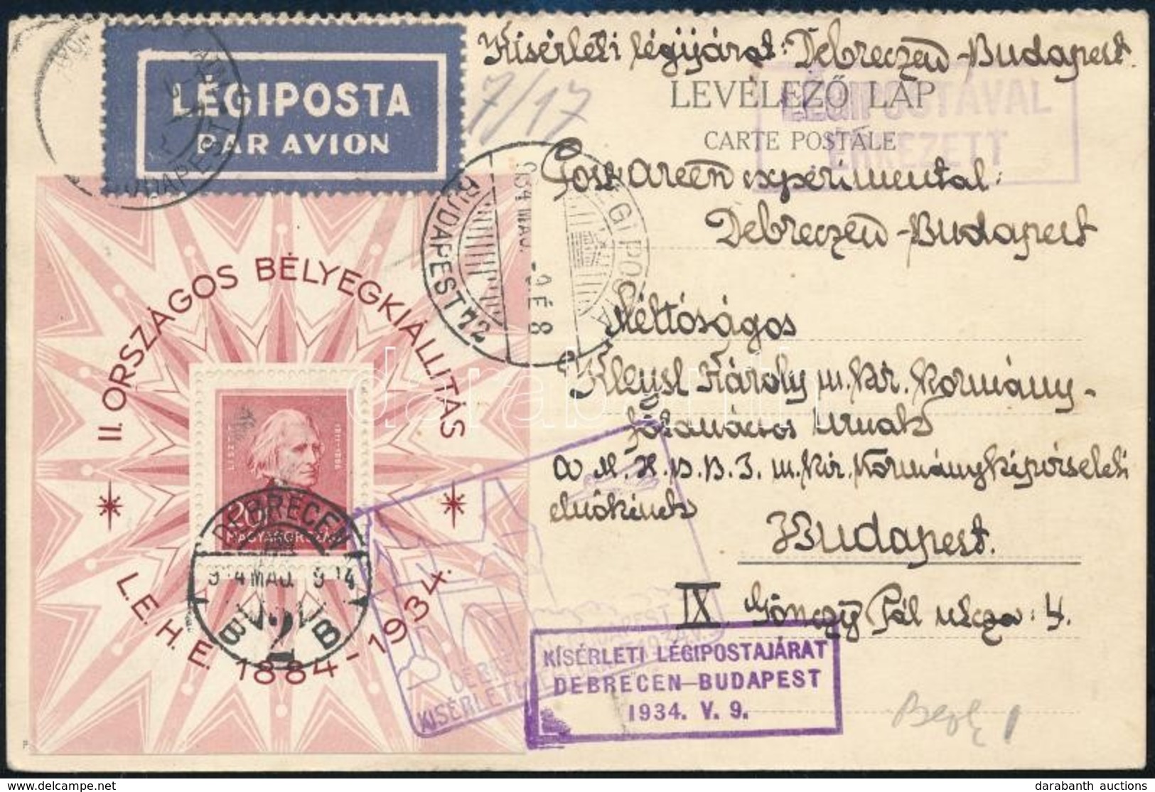 1934 LEHE Blokk Kisérleti Légiposta Járati Levelező Lapon (25.000) - Other & Unclassified