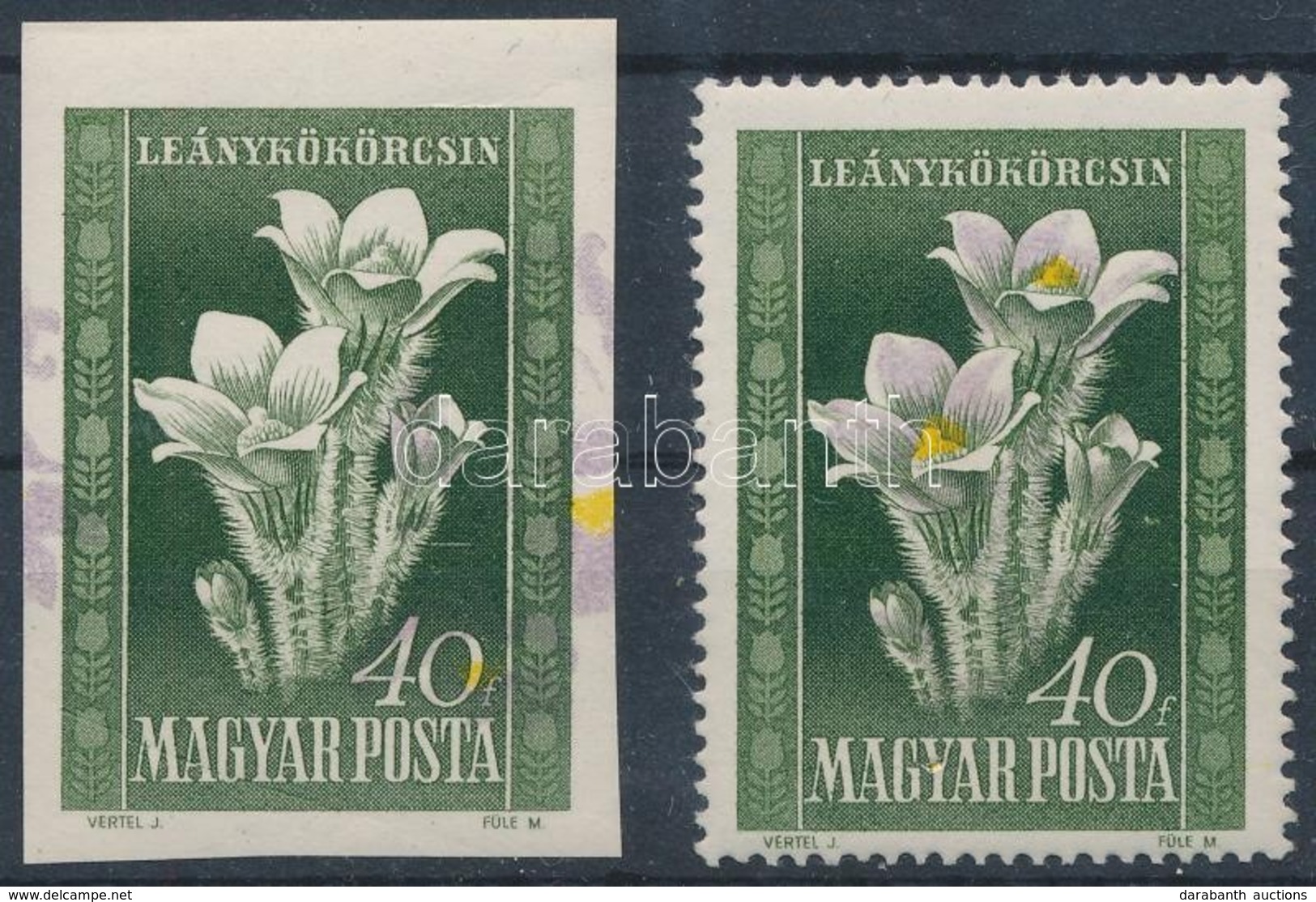 ** 1950 Virág 40f Vágott Bélyeg Fordított és Eltolódott Sárga és Lila Színnyomatokkal / Mi 1113 Imperforate Stamp With I - Autres & Non Classés