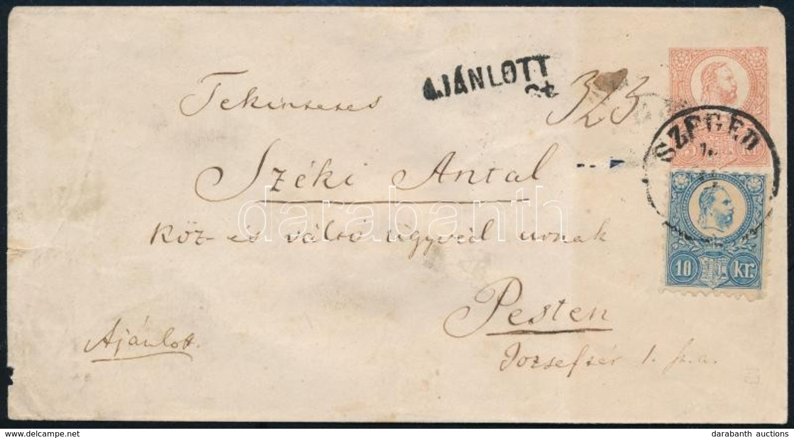 1874 Ajánlott 5kr Díjjegyes Boríték Réznyomat 10kr Díjkiegészítéssel Szegedről Küldve - Autres & Non Classés