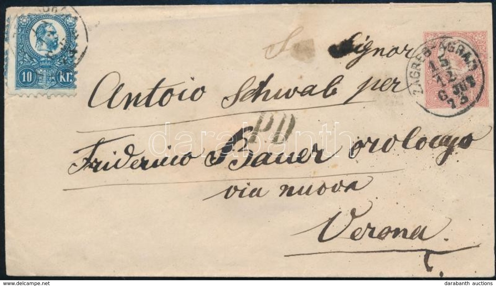 1873 5kr Díjjegyes Boríték Réznyomat 10kr Díjkiegészítéssel Olaszországba Küldve - Autres & Non Classés