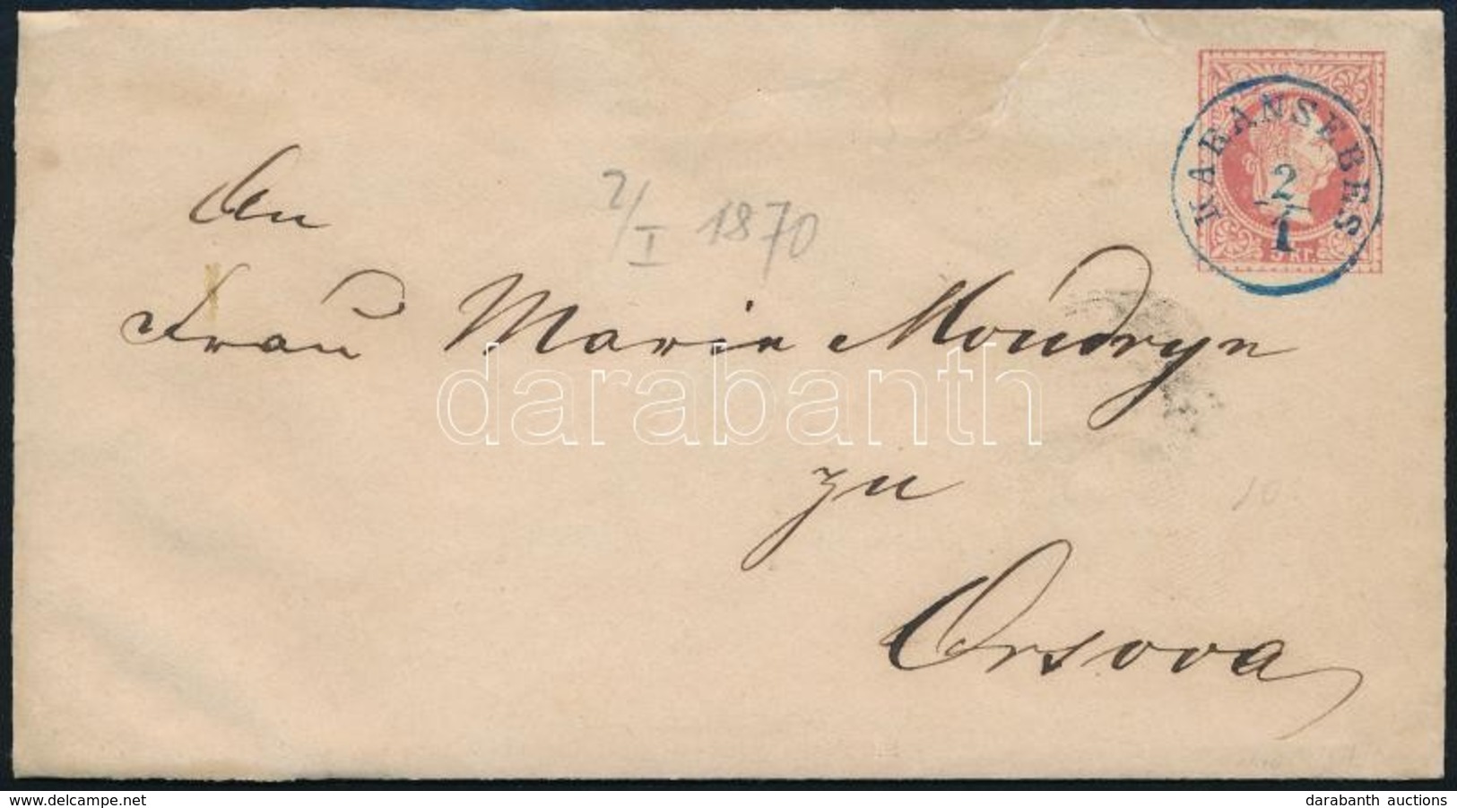 1870 5kr Díjjegyes Boríték / PS-cover Kék / Blue "KARANSEBES" - Orsova - Autres & Non Classés