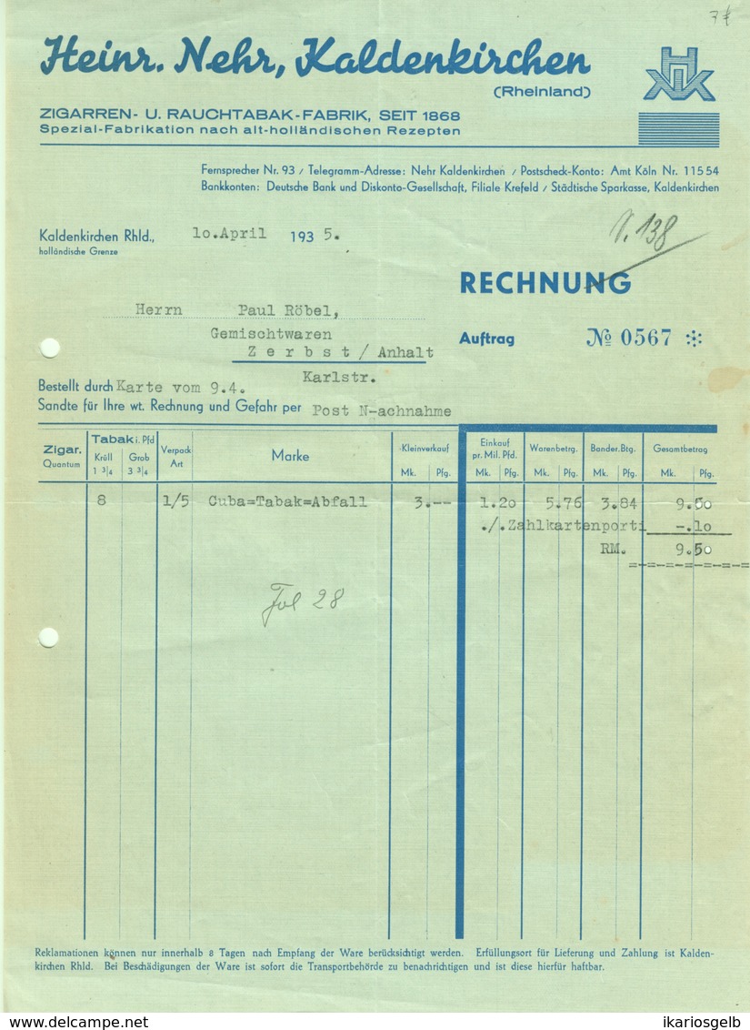 KALDENKIRCHEN Niederrhein 1935 Rechnung Deko " Heinr.Nehr - Zigarren- U.Rauchtabakfabrik " - Alimentos