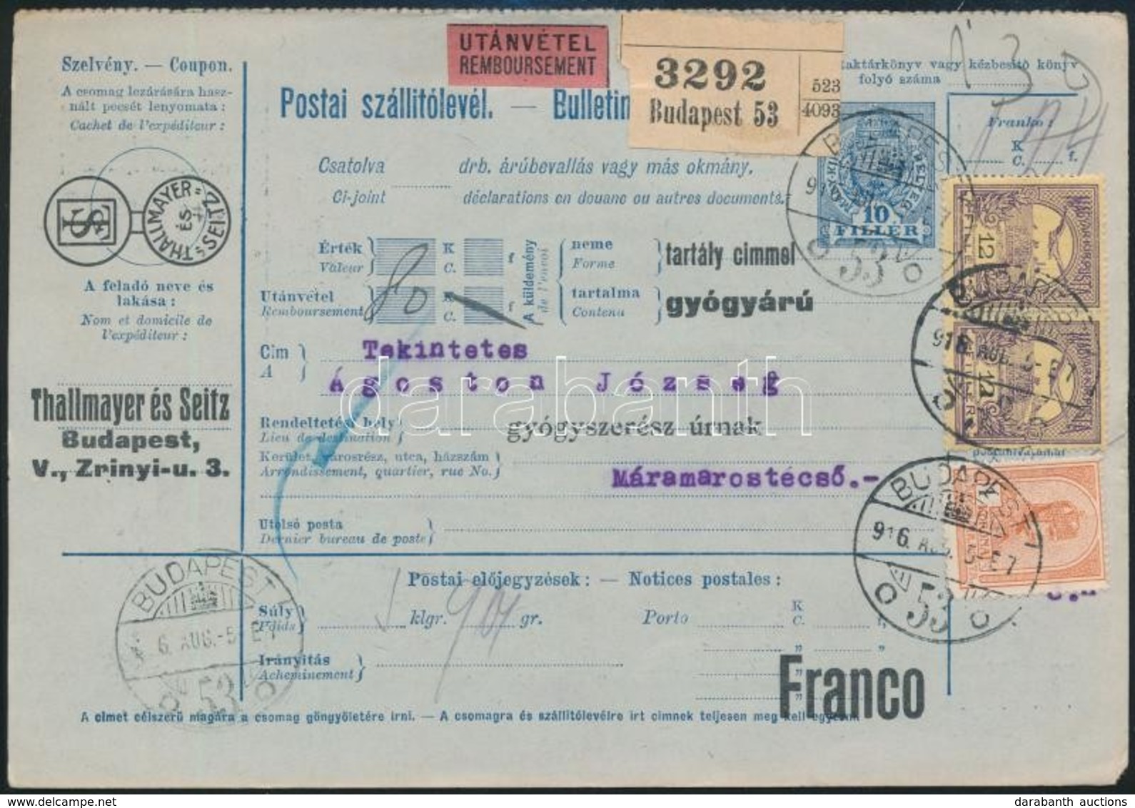 1916 Utánvétes Teljes Cégreklámos Csomagszállító 1,24K Bérmentesítéssel Budapestről Técsőre - Autres & Non Classés
