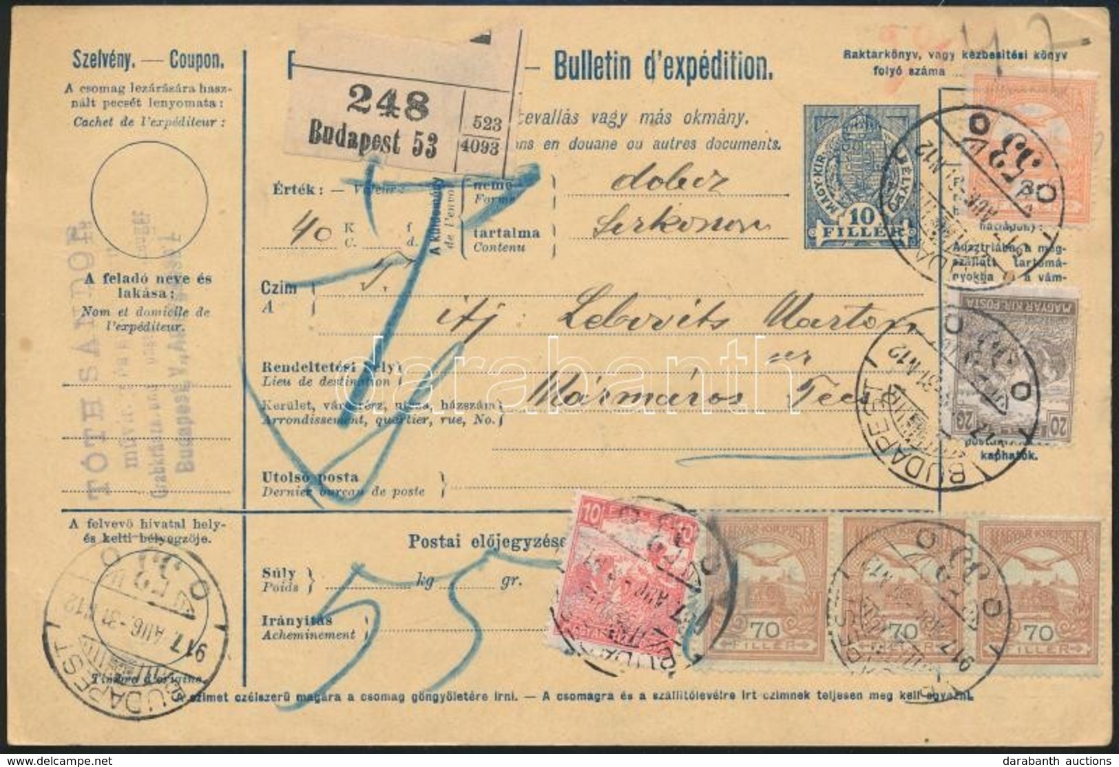 1917 Teljes Csomagszállító 2,43K Bérmentesítéssel Budapestről Técsőre - Sonstige & Ohne Zuordnung