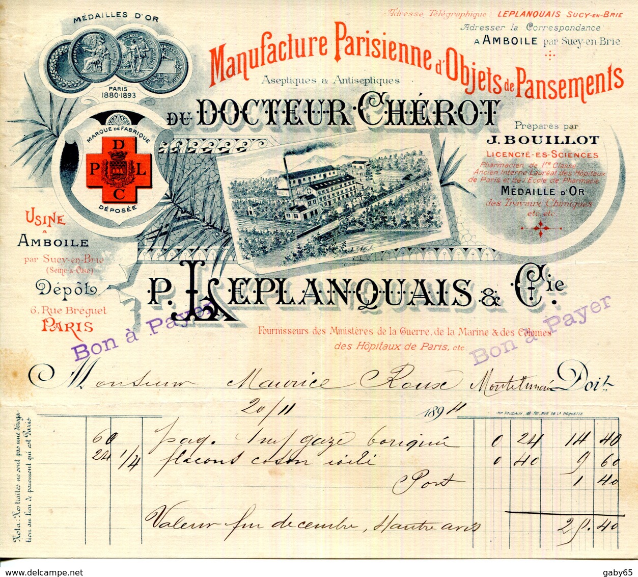 PARIS.MANUFACTURE  D'OBJETS DE PANSEMENTS DU DOCTEUR CHEROT.P.LEPLANQUAIS USINE A AMBOILE PAR SUCY EN BRIE .(P.J) - Droguerie & Parfumerie