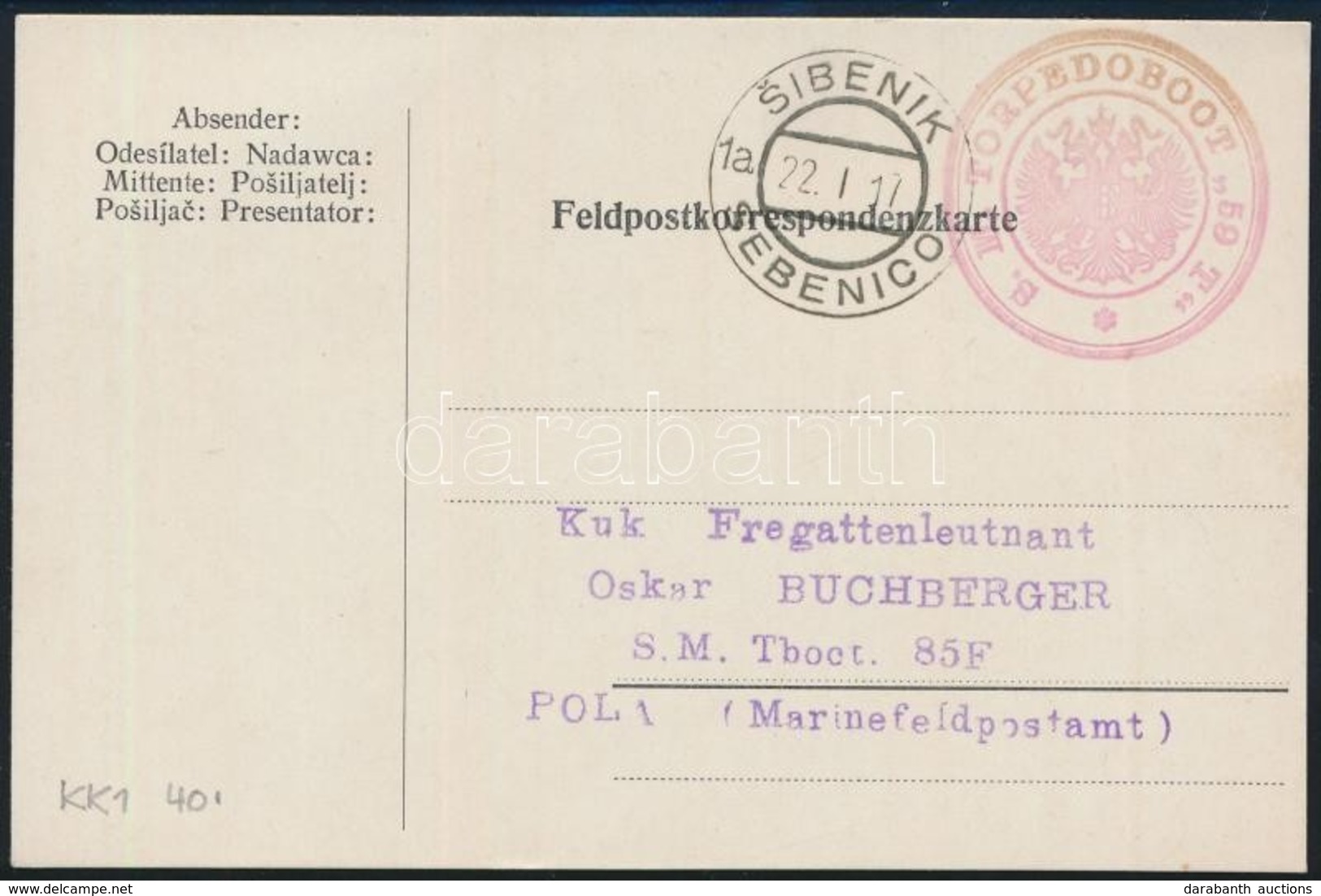 1917 Tábori Levelezőlap "S.M. TORPEDOBOOT 59 T." + "SIBENIK / SEBENICO 1a" - Autres & Non Classés
