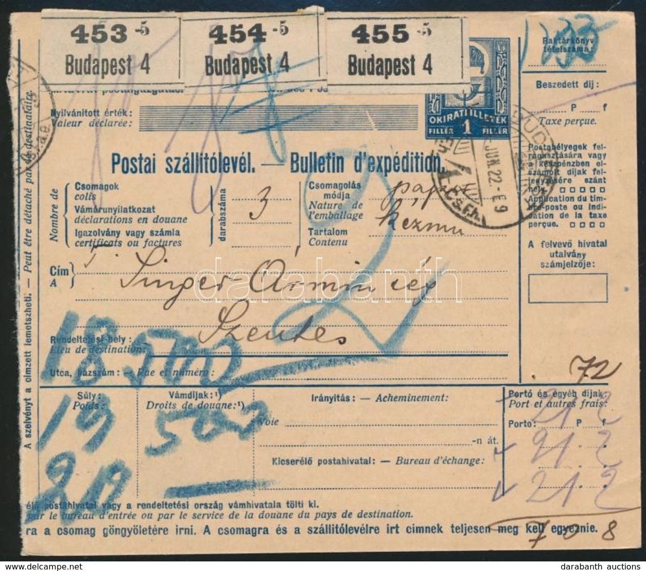 1927 Sommás Csomagszállító Budapestről Szentesre - Otros & Sin Clasificación