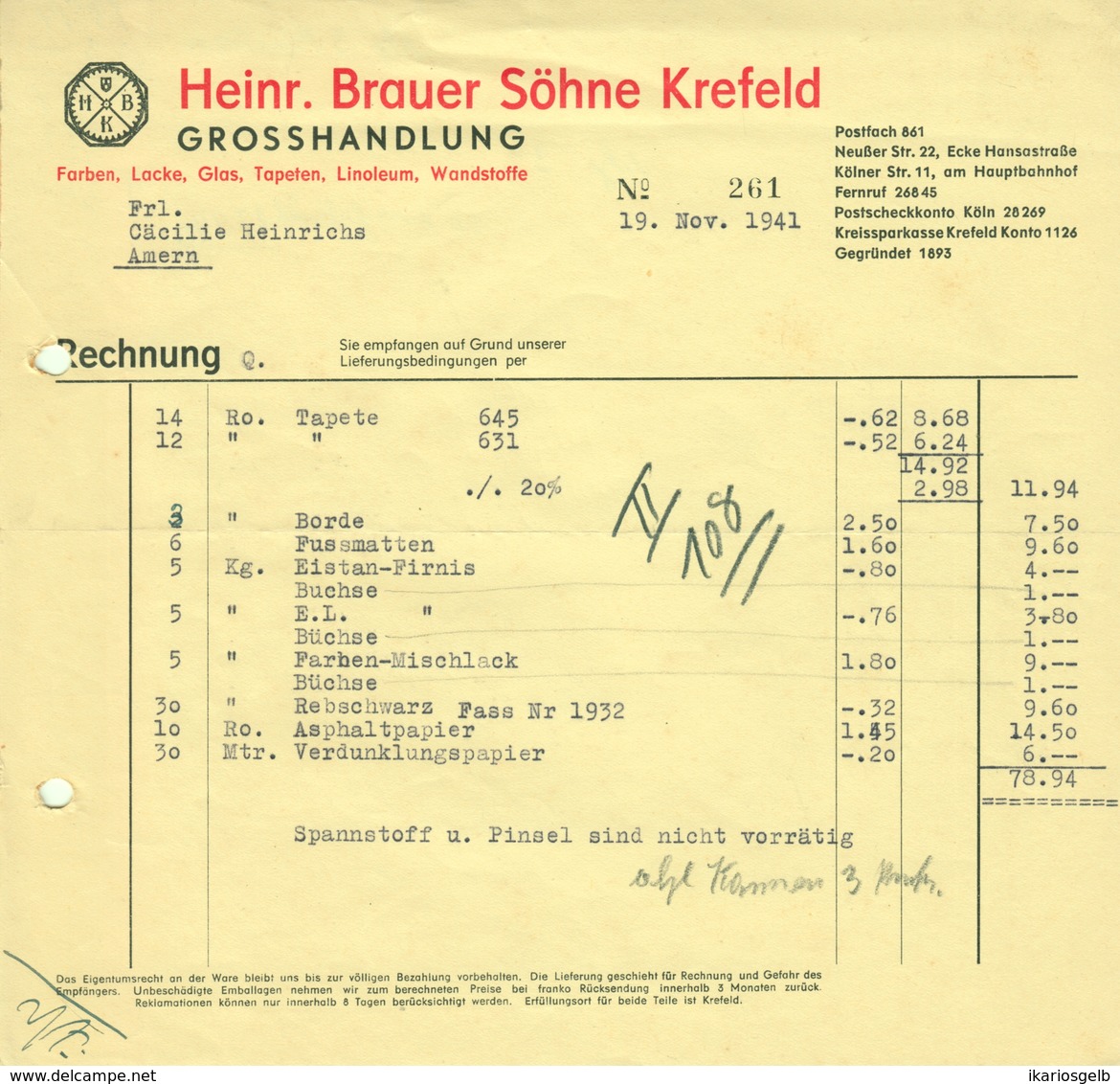 KREFELD Niederrhein 1941 Rechnung " Heinr.Brauer Söhne - Farben Lacke Glas Tapeten Linoleum Großhandel " - Profumeria & Drogheria