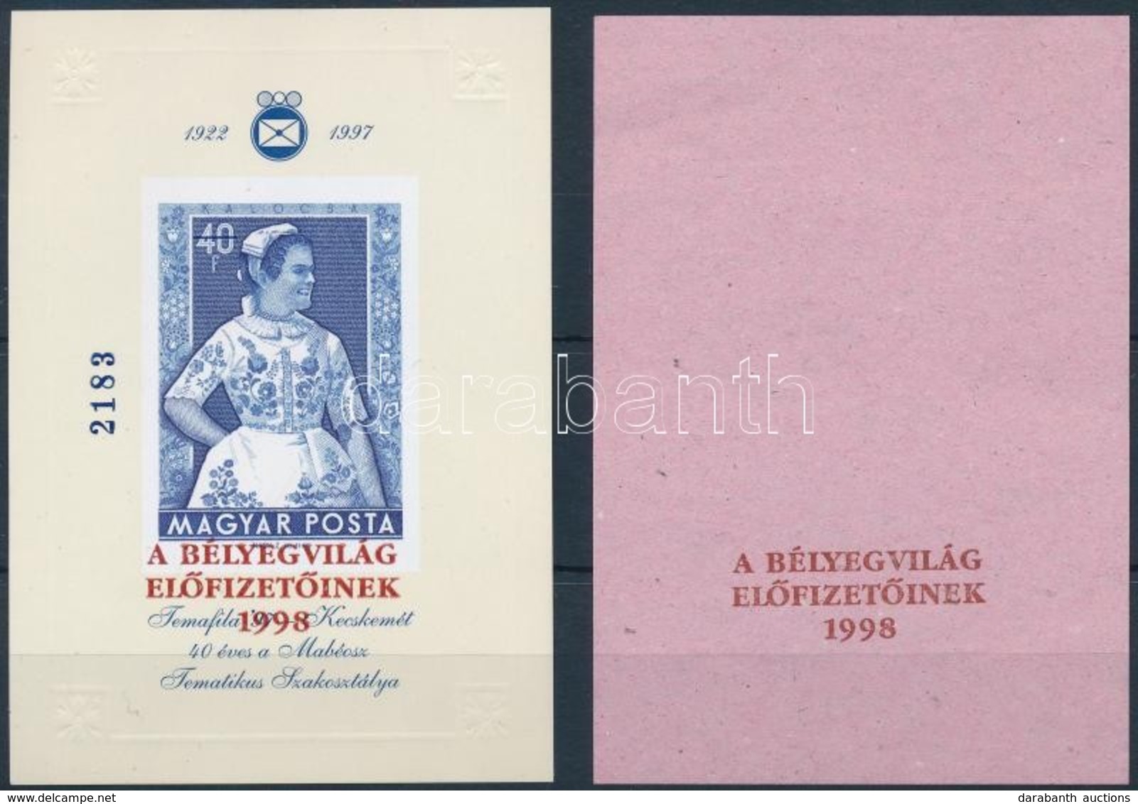 ** 1998 Népviselet Ajándék Emlékív "A Bélyegvilág Előfizetőinek" Felülnyomattal + Próbanyomat - Autres & Non Classés