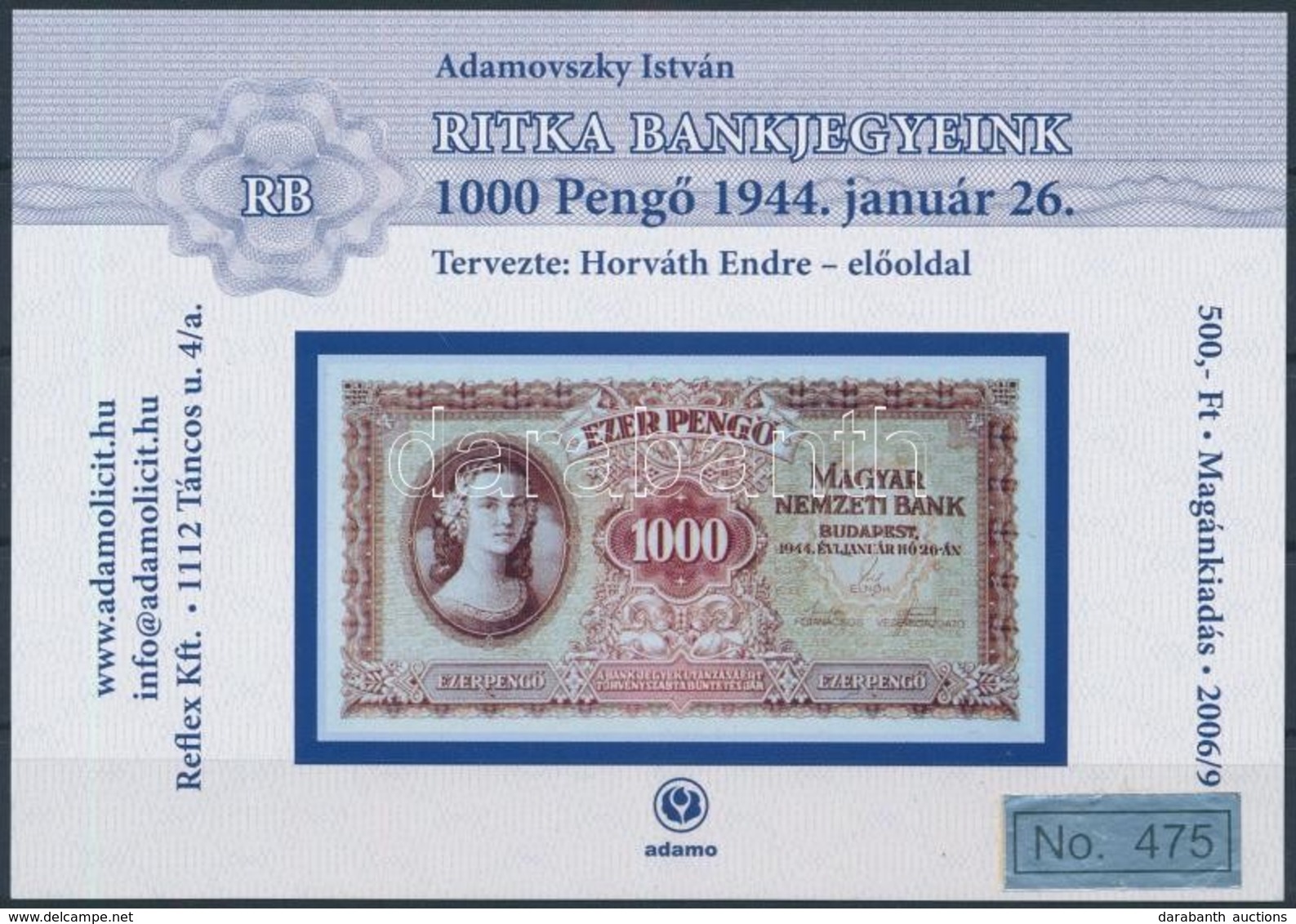 ** 2006/9 Ritka Bankjegyeink 1000 Pengő Emlékív - Autres & Non Classés