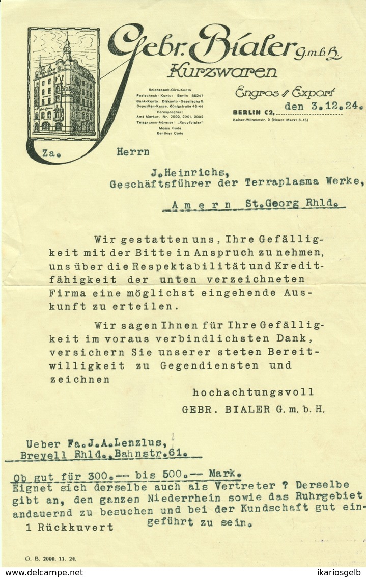 BERLIN 1924 Rechnung " Gebr. Bialer GmbH - Kurzwaren Engros&Export " - Textilos & Vestidos