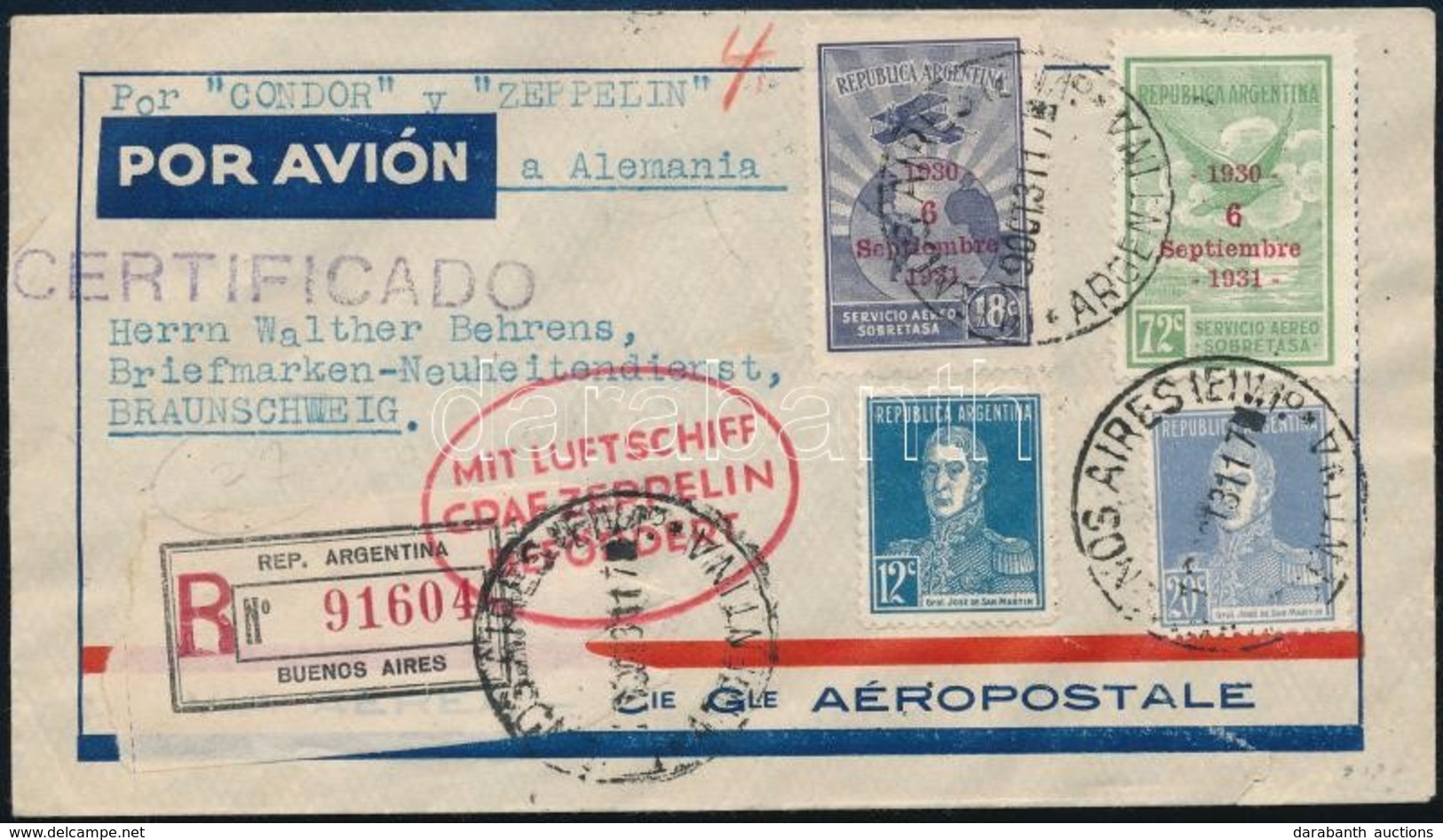 1931 Zeppelin Ajánlott Levél / Registered Zeppelin Cover Buenos Aires - Friedrichshafen - Braunschweig - Autres & Non Classés
