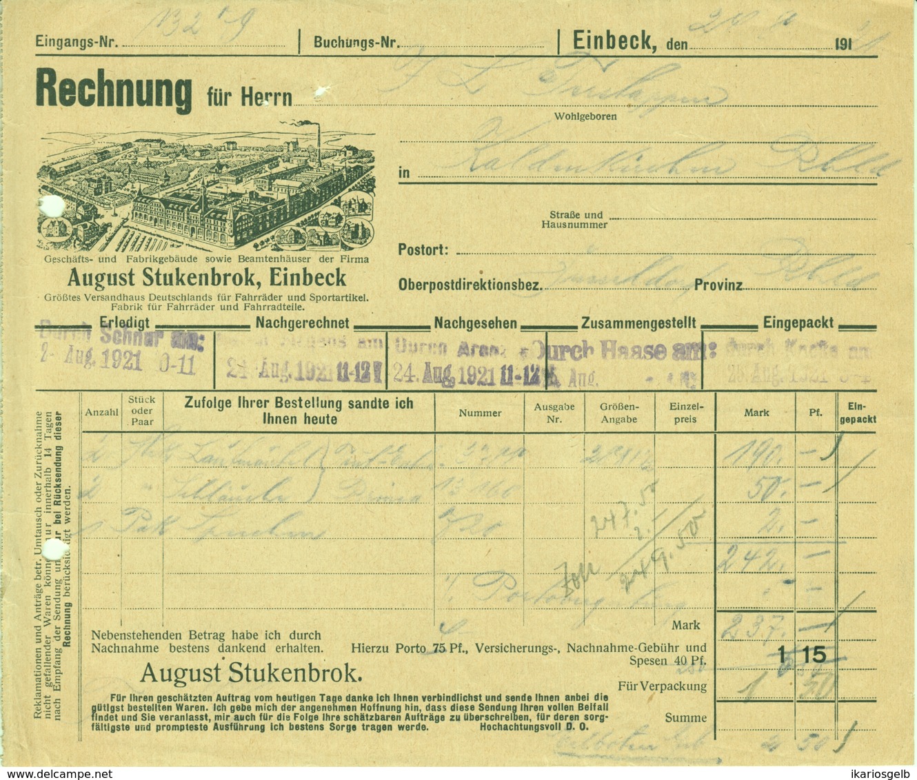 EINBECK 1911 Rechnung Deko " FAHRRAD - Fabrik August Stukenbrok " - Verkehr & Transport