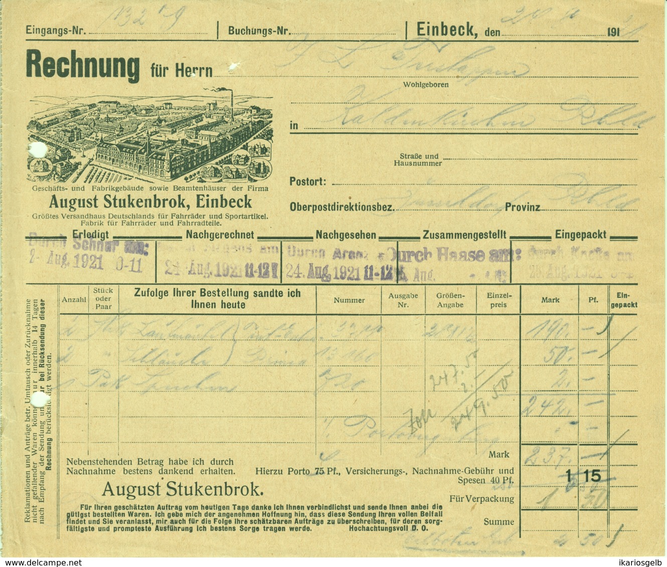 EINBECK 1911 Rechnung Deko " FAHRRAD - Fabrik August Stukenbrok " - Transports