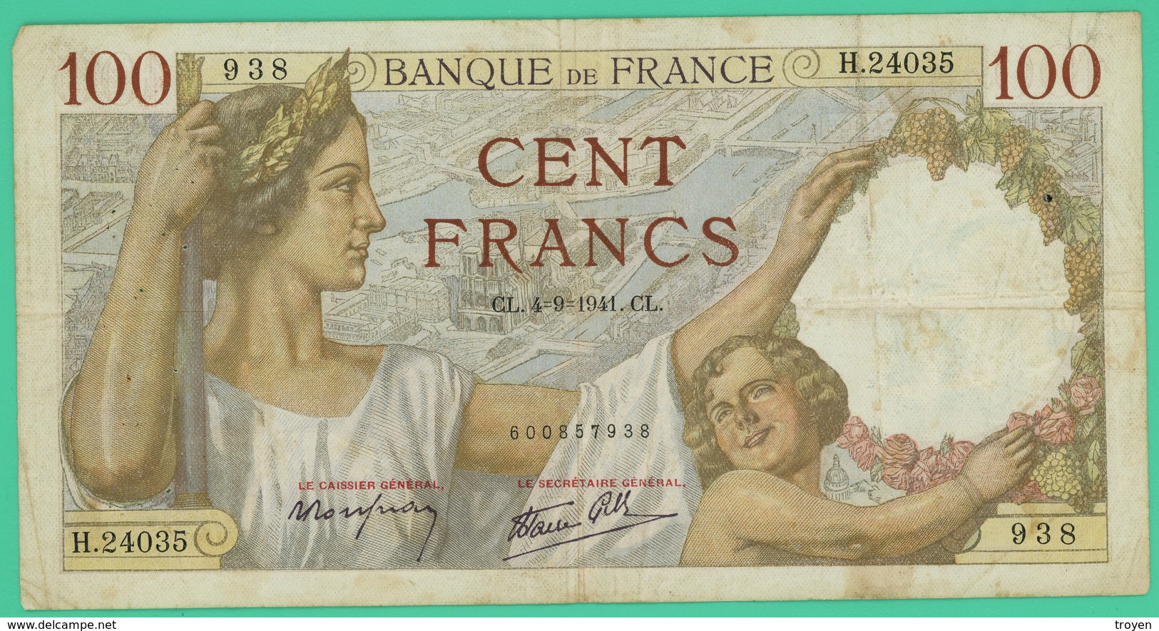 100 Francs  - Sully -  France -  N°. H.24035/938 - - CL.4=9=1941.CL - TB+ - - 100 F 1939-1942 ''Sully''