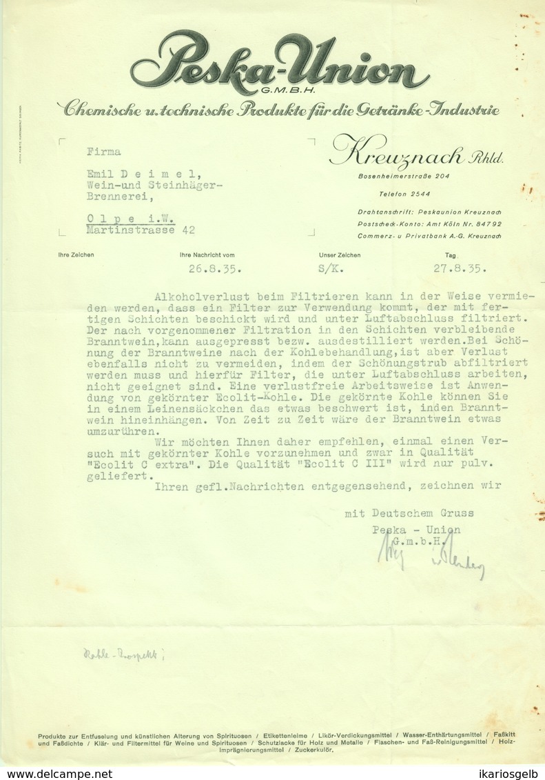 KREUZNACH Nahe 1935 Rechnung An Brennerei Deimel Olpe " PESKA-UNION Produkte F D Getränkeindustrie " - Food