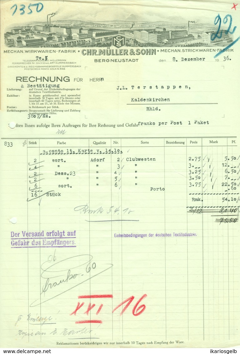 BERGNEUSTADT B Gummersbach 1936 Rechnung Deko " Chr.Müller & Sohn - Mechanische Strick - U. Wirkwarenfabrik " - Textile & Vestimentaire