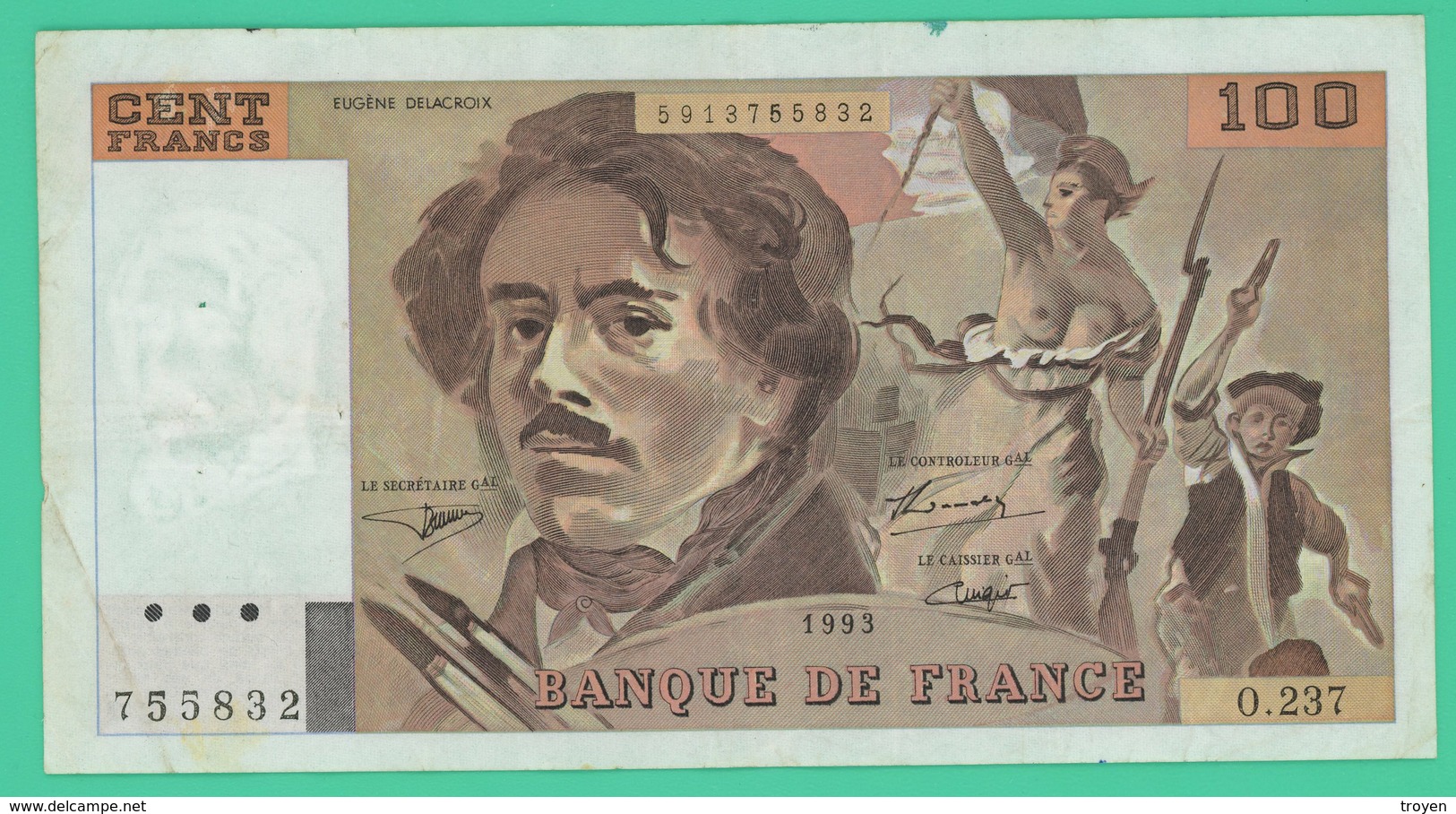 100 Francs  - Delacroix -  France -  N°.o.37/755832  - 1993 - TTB - - 100 F 1978-1995 ''Delacroix''