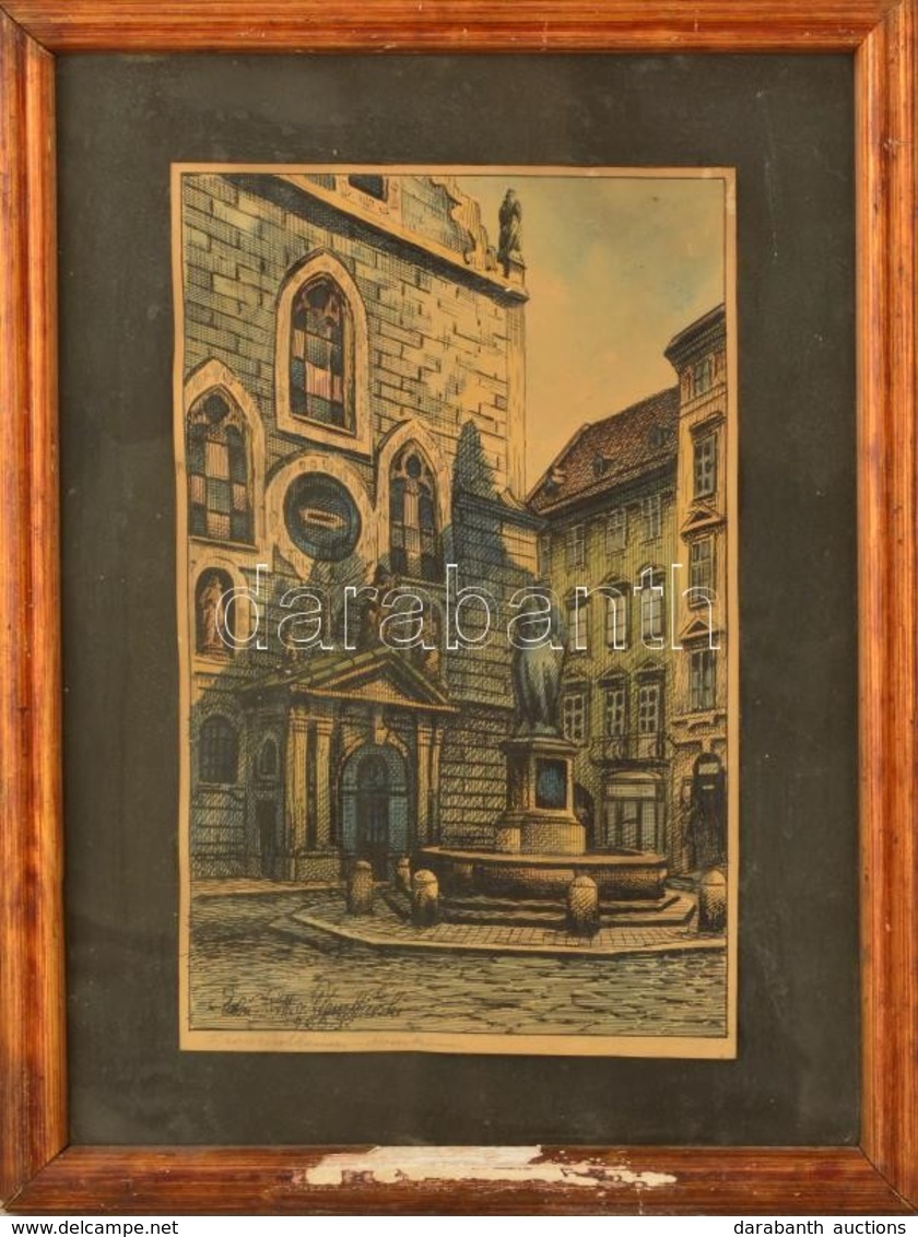 Dembinski Jelzéssel: Tér Szoborral. Tus-akvarell, Papír, Hibás üvegezett Keretben, 31×20 Cm - Estampes & Gravures