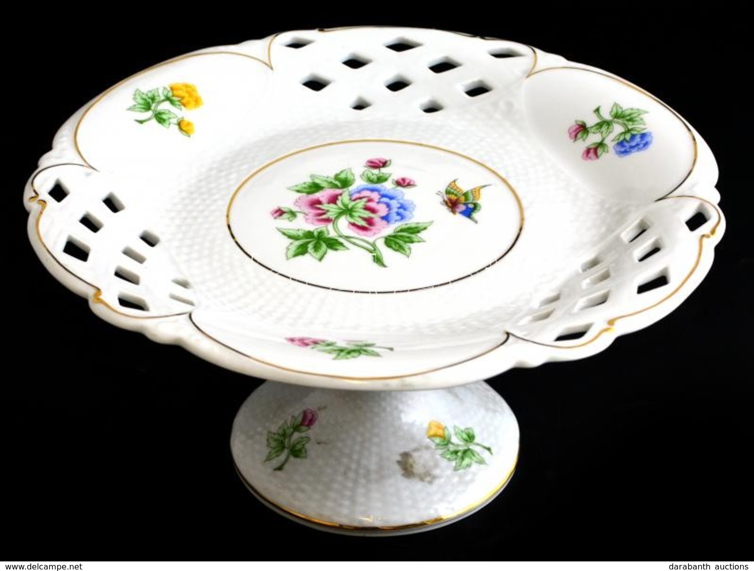 Hollóházi Porcelán Virágmintás Aufsatz, Matricás, Jelzett, Kis Kopásnyomokkal, D: 30 Cm, M: 15 Cm - Autres & Non Classés