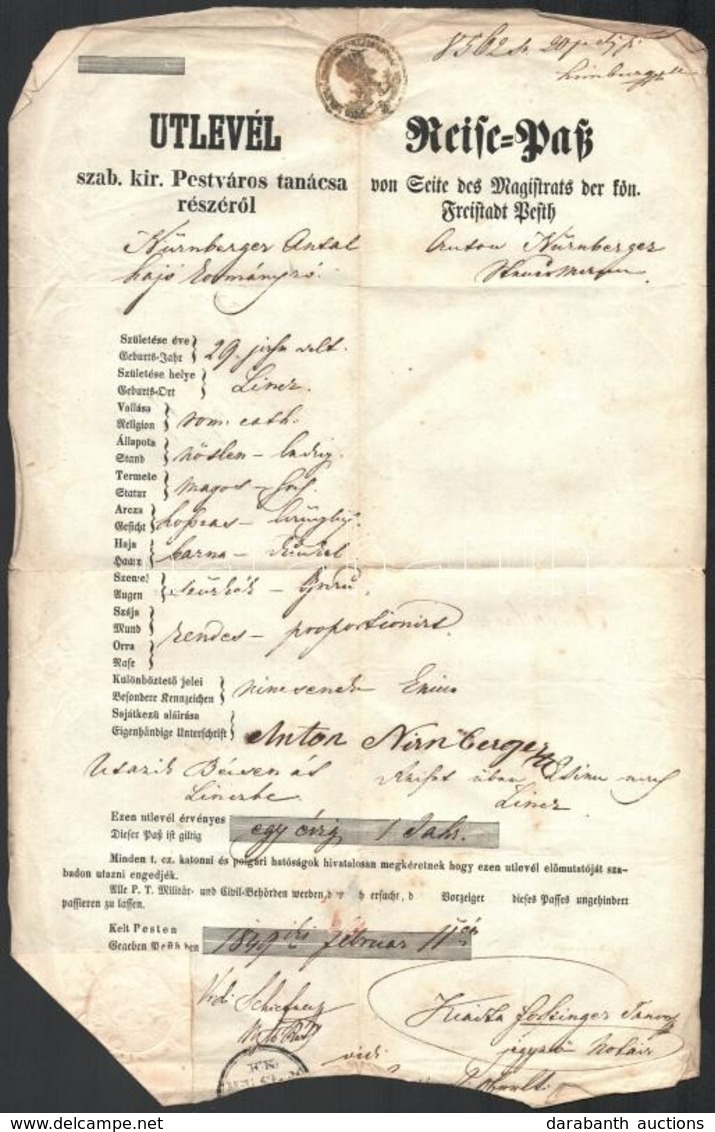 1849 Pest, Pest Szabad Királyi Város Részéről Kiállított útlevél / Passport - Non Classés