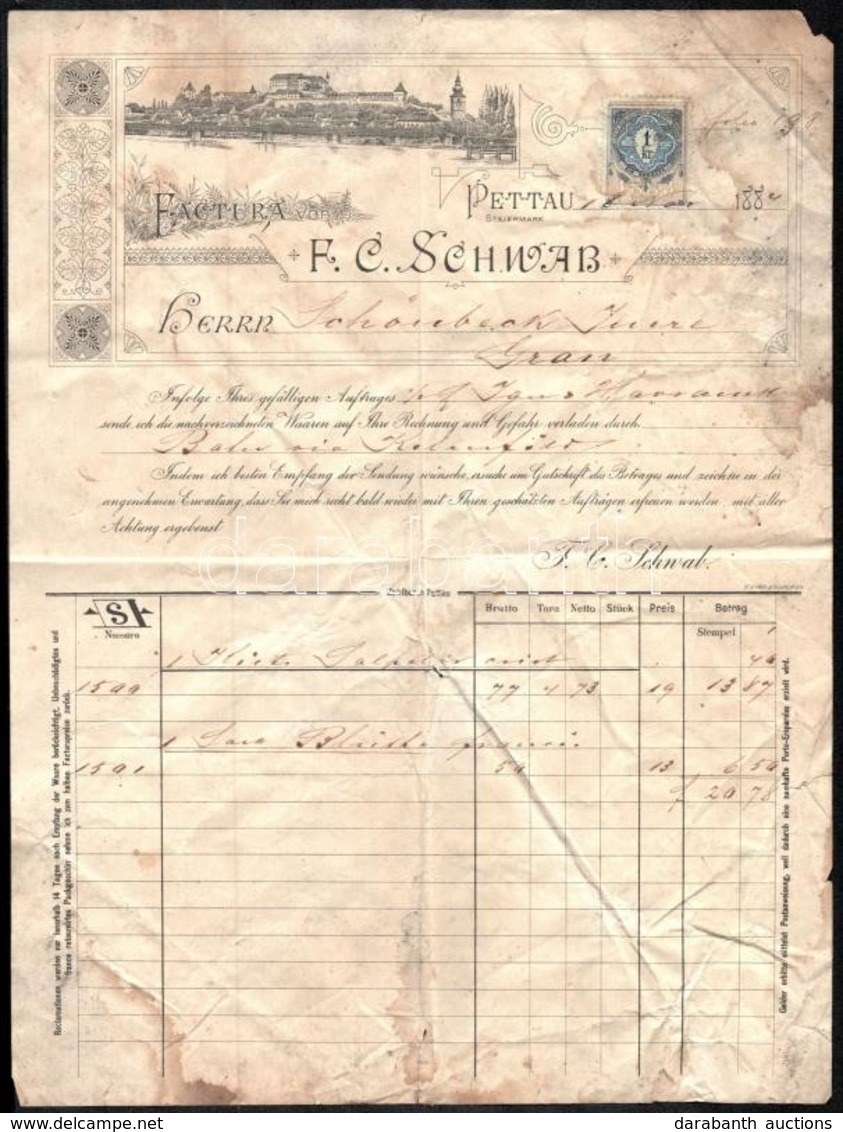 1884 Pettau, Factura Von F.C. Schwab Gyár Német Nyelvű, Fejléces Számlája, Esztergomi Lakos Részére, Foltos, 1 Kr. Osztr - Non Classés