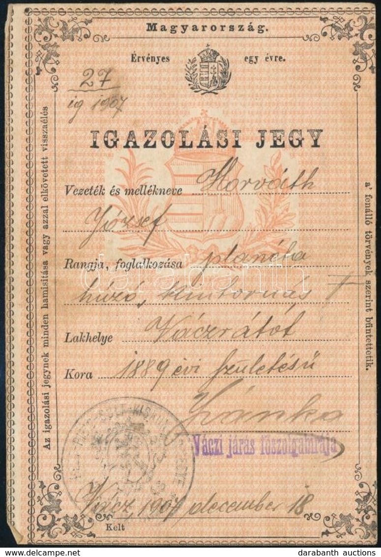 1907 Planétahúzó és Kintornás Részére Szolgáló Igazolási Jegy - Non Classés