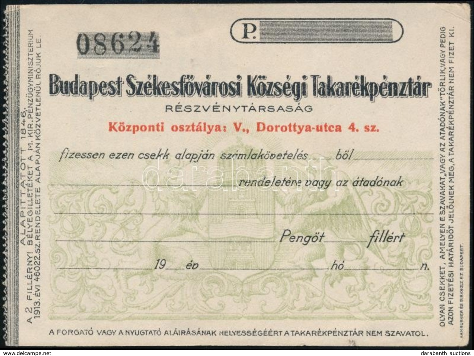 Cca 1913 Budapest Székesfővárosi Község Takarékpénztár Kitöltetlen Kis Alakú Csekkje, 8x10 Cm - Non Classés