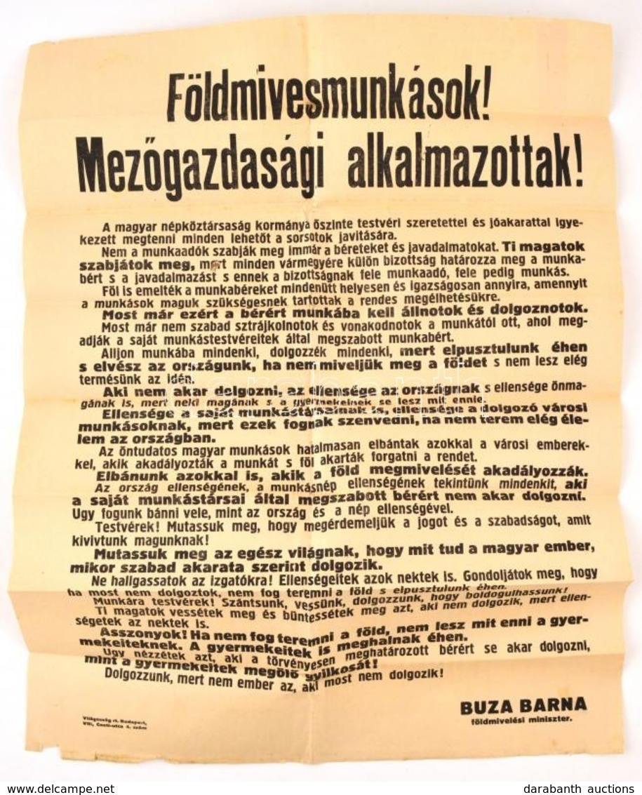 1918 Az Őszirózsás Forradalom Földművelésügyi Miniszterének Hirdetménye A Parasztsághoz, Melyben A Munka Felvételére Hív - Non Classés