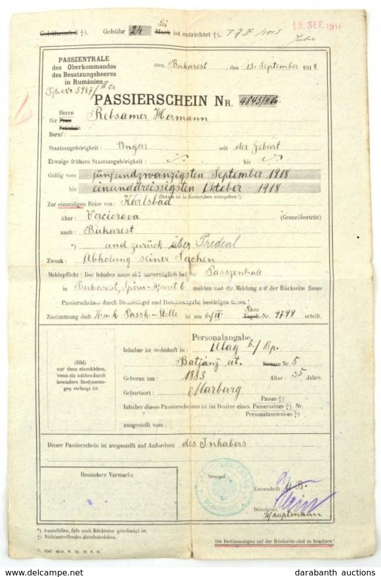 1918 A Megszállt Bukarestben Kiállított útlevél / Passport Issued By The Occupying Authorities Of Bucharest. - Non Classés