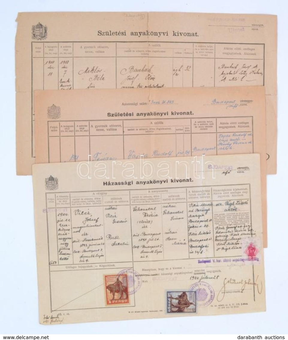 Cca 1921 3 Db Anyakönyvi Kivonat: 2 Db Születési, 1 Db Házassági, Illetékbélyegekkel - Non Classés