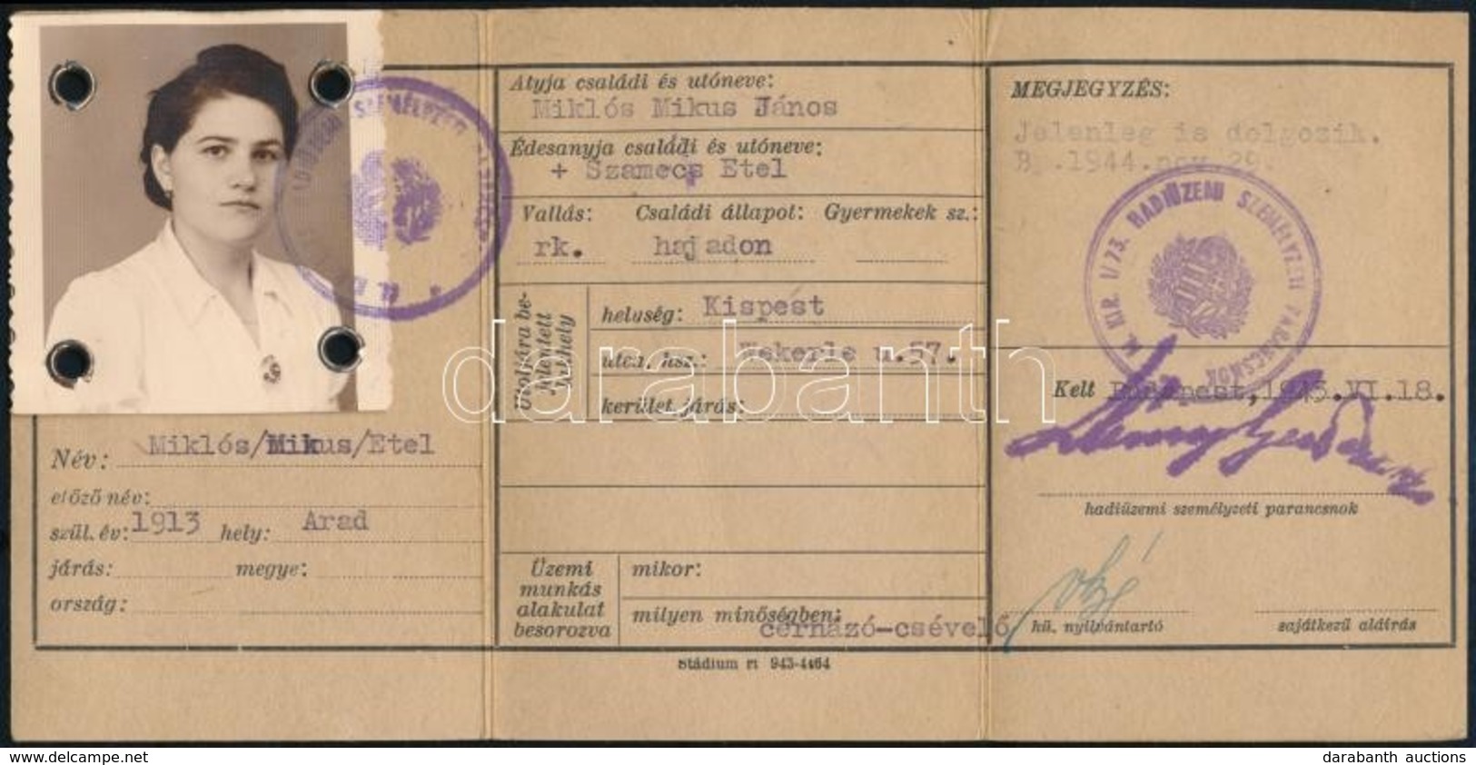 1943 Bp., A Magyar Textilipar Rt. Budapest X. által Kiállított Fényképes Személyazonossági Igazolvány - Non Classés