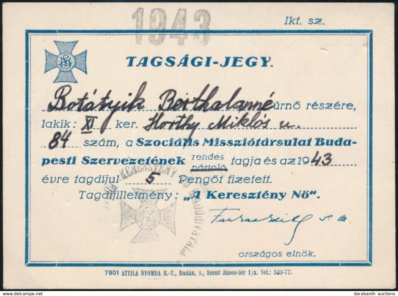 1943 Szociális Missziótársulat Tagsági Jegy - Non Classés