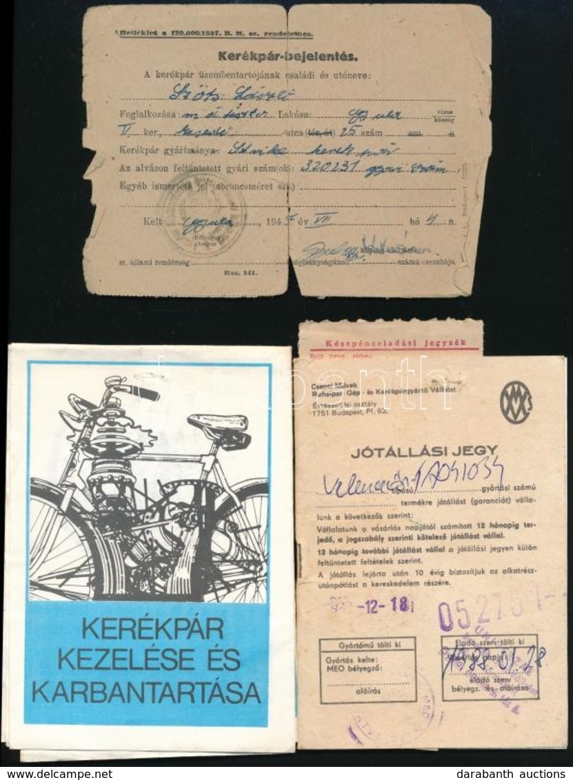 Cca. 1947-88, össz. 4 Db Kerékpár Számla, Bejelentés, Jótállási Jegy Valamint Kezelési és Karbantartási útmutató - Non Classés