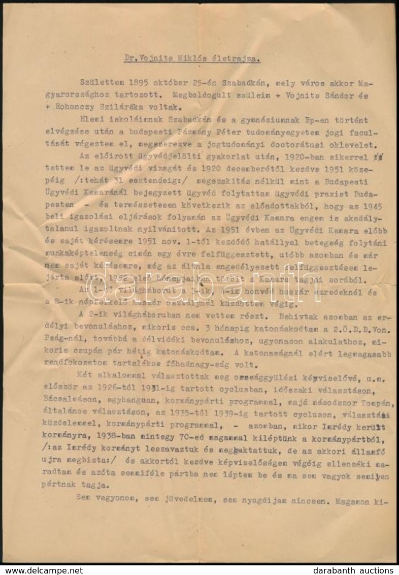 1953 Báró Vojnits Miklós Képviselő, ügyvéd Gépelt életrajza - Non Classés