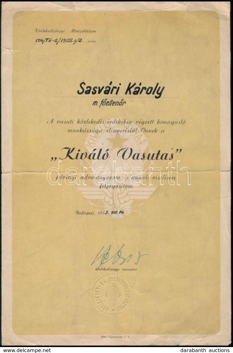 1955 Bp., Kiváló Vasutas Számára Kiállított Oklevél - Non Classés