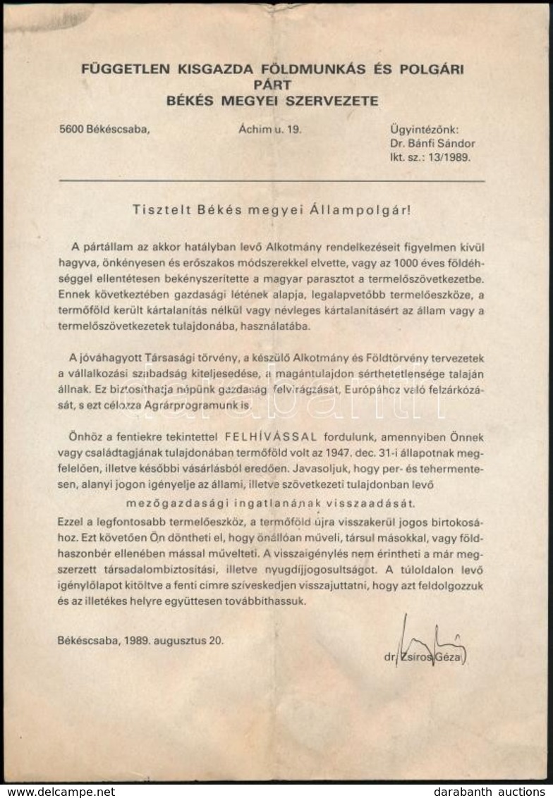 1989 Formanyomtatvány Mezőgazdasági Ingatlan Visszaadása Tárgyában, 2 Db - Non Classés