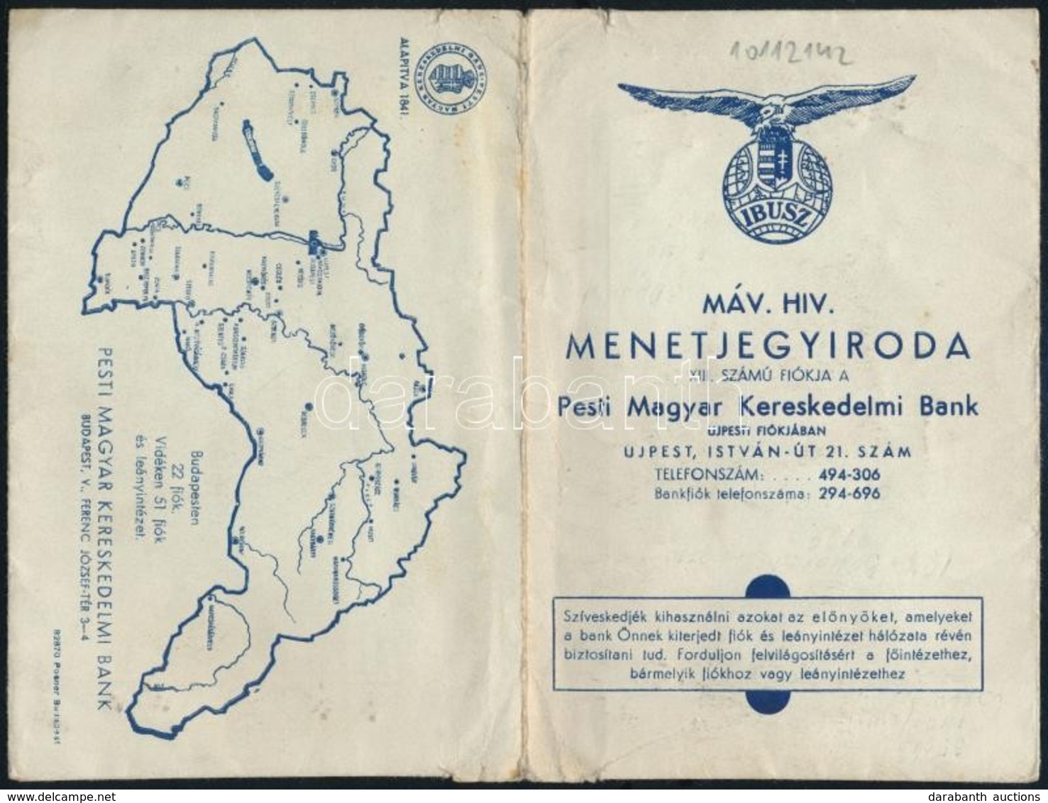 Cca 1942-44 IBUSZ MÁV. Hiv. Menetjegyiroda Négyoldalas Tartó Tasak Papírból, Hátoldalán Magyarország Térképpel A Visszat - Publicités