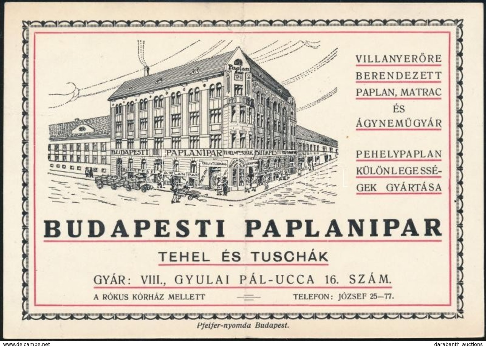 Budapesti Paplanipar Tehel és Tuschák Budapest VIII. Gyula Pál Utca Reklámkártya, Hajtott - Publicités