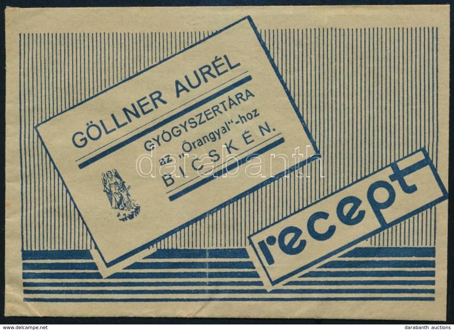 1935 Bicske, Göllner Aurél Gyógyszertára Az "Őrangyal"-hoz Gyógyszertári Recept Boríték, Benne Recepttel (Felcsút, Dr. C - Publicités