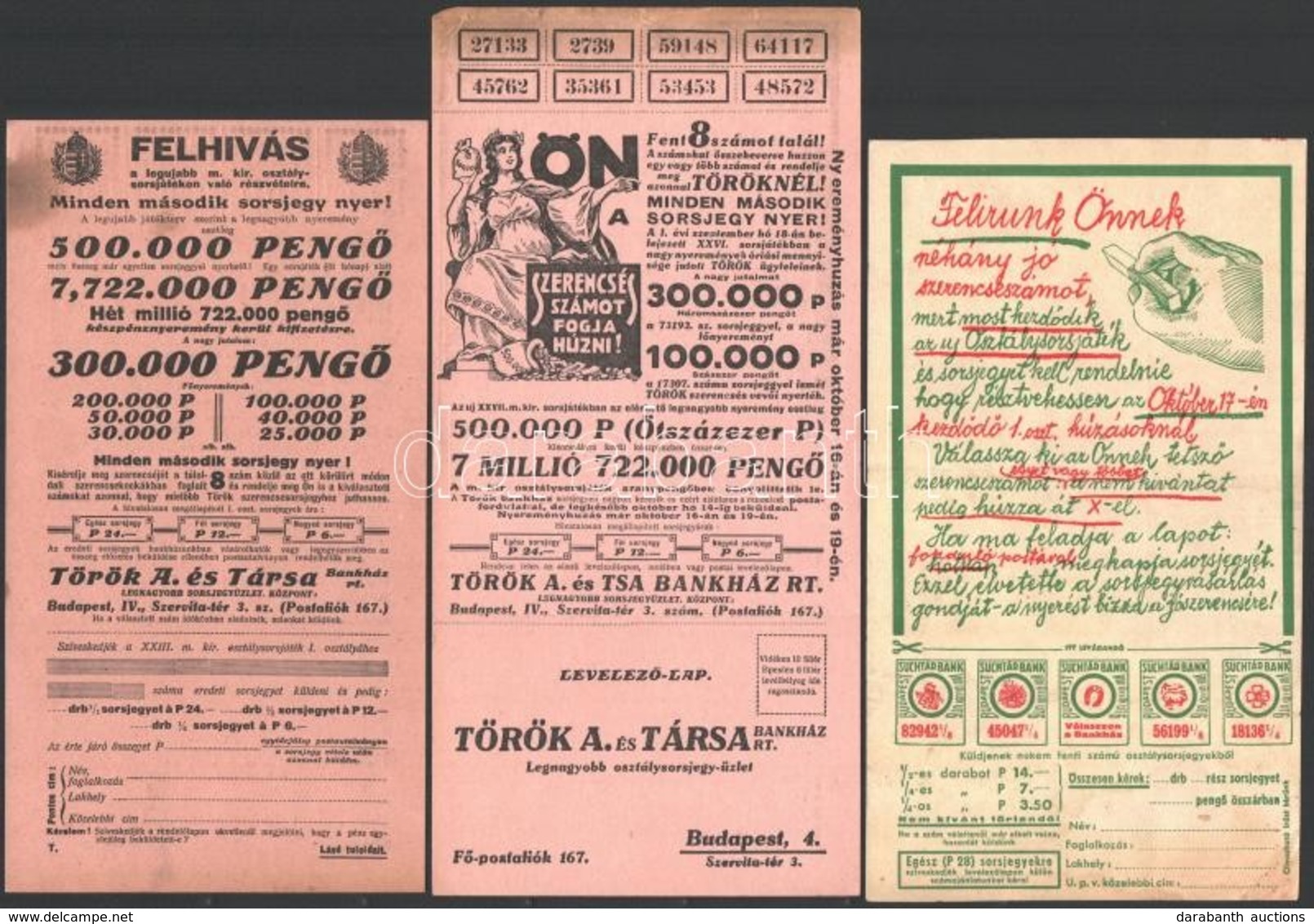Cca 1931-1940 össz. 3 Db Osztálysorjegy Reklám, 1 Db Kis Szakadásokkal, Mérete Ca. 24,5x12cm, 2 Db Ca. 21,5 X12 Cm - Publicités