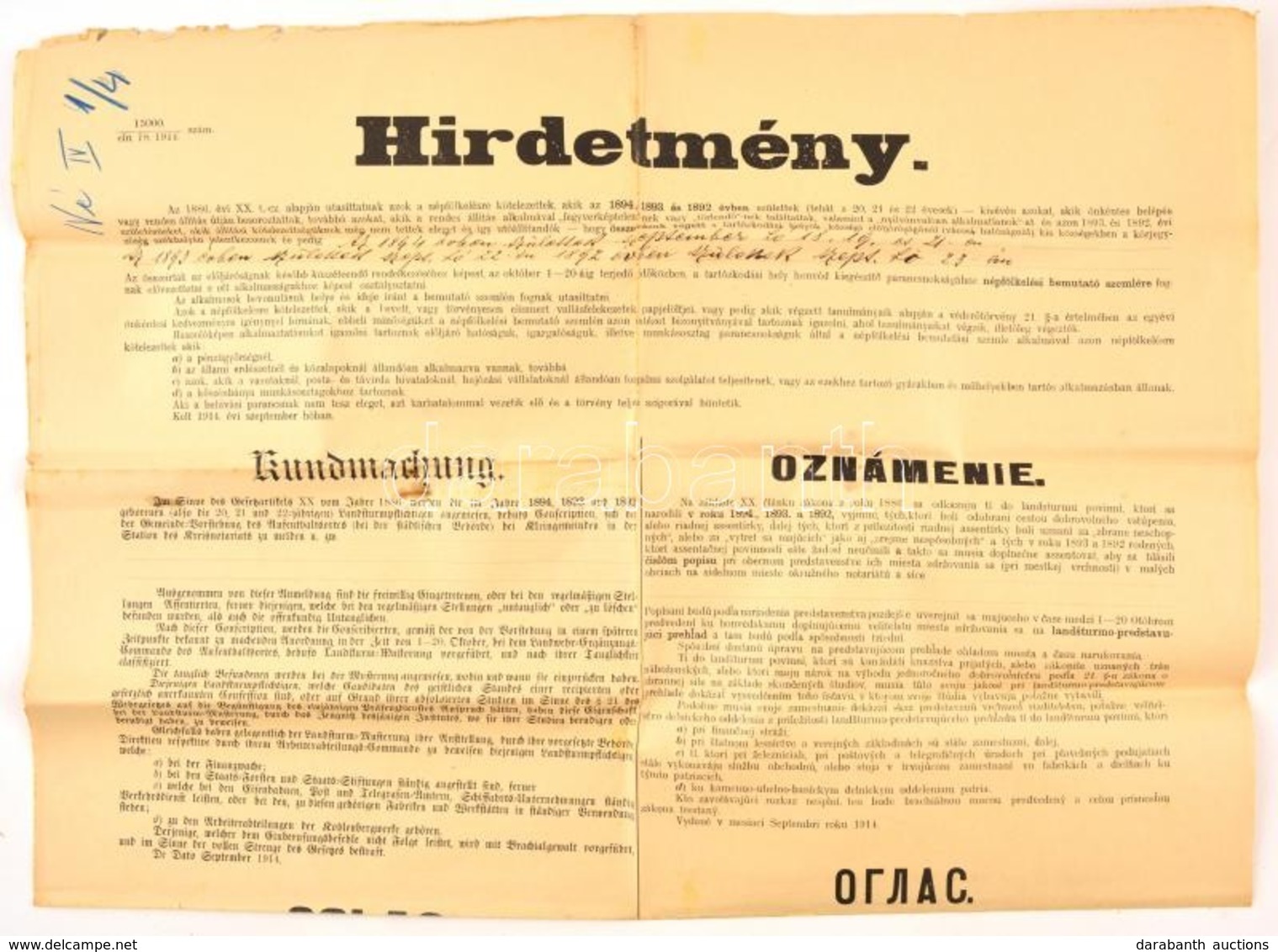 1914 Katonák Sorozására Felhívó Hirdetmény A Monarchia összes Nyelvén A Világháború Kitörésekor / Drafting Announcement  - Autres & Non Classés