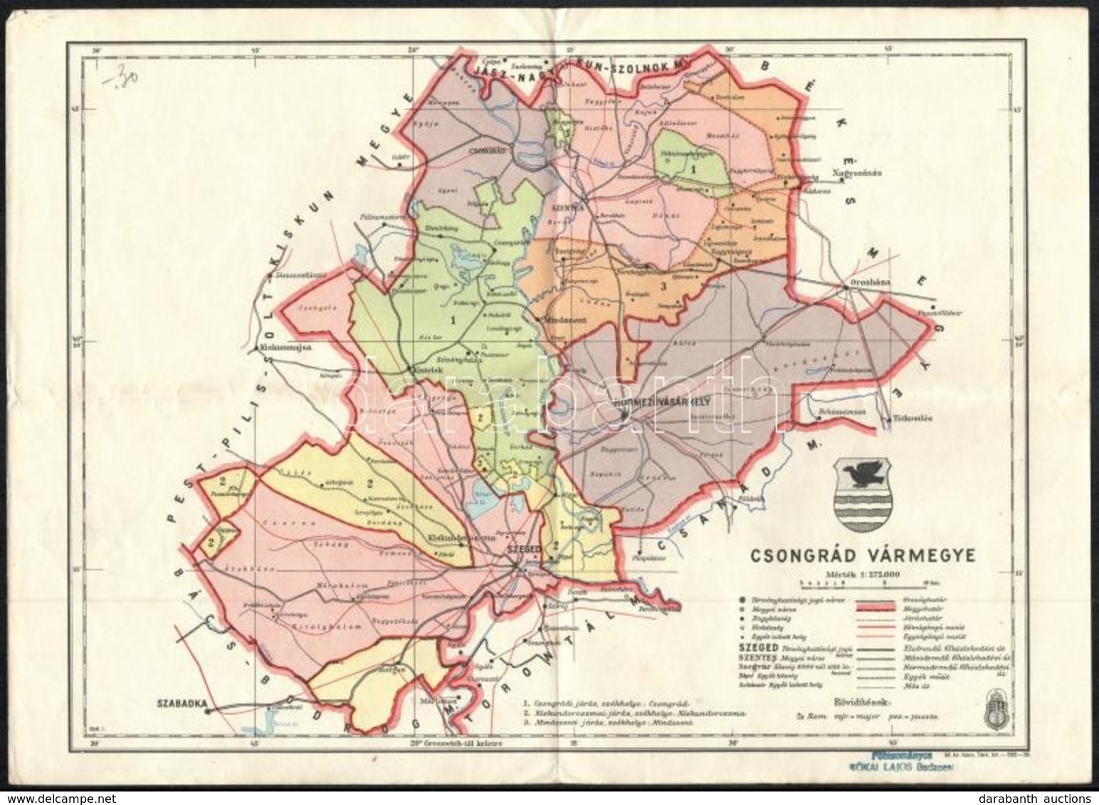 Cca 1941 Csongrád Vármegye Közigazgatási Térképe, 1:375.000, M. Kir. Honvéd Térképészeti Intézet, 24,5×34 Cm - Autres & Non Classés