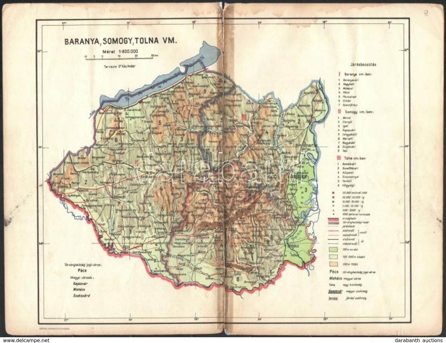 Baranya, Somogy, Tolna Vármegye Térképe, Ragasztott, 25×32 Cm - Other & Unclassified